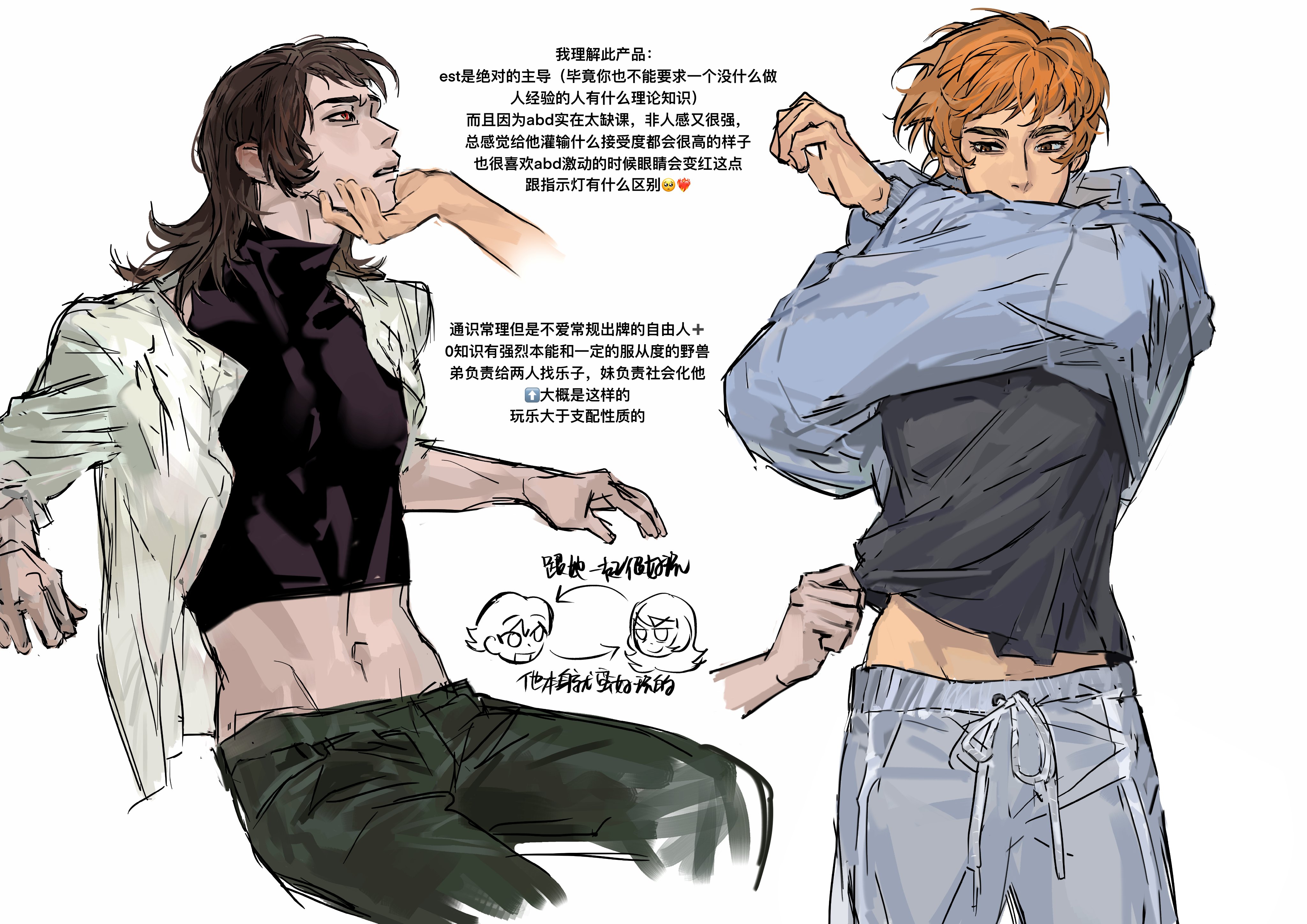 repeeksdnuorg, abaddon (haunted hotel), abaddon (human) (haunted hotel), esther freeling, haunted hotel, absurdres, chinese commentary, commentary request, highres, translation request, 1boy, 1girl, aged up, black shirt, blue hoodie, brown eyes, brown hair, chinese text, cowboy shot, crop top, grabbing another's chin, hand on another's chin, hetero, hood, hoodie, lifting another's clothes, lifting own clothes, long hair, midriff, midriff peek, orange hair, red eyes, shirt, simple background, sitting, skin tight, turtleneck, turtleneck shirt, undressing, white background, white shirt