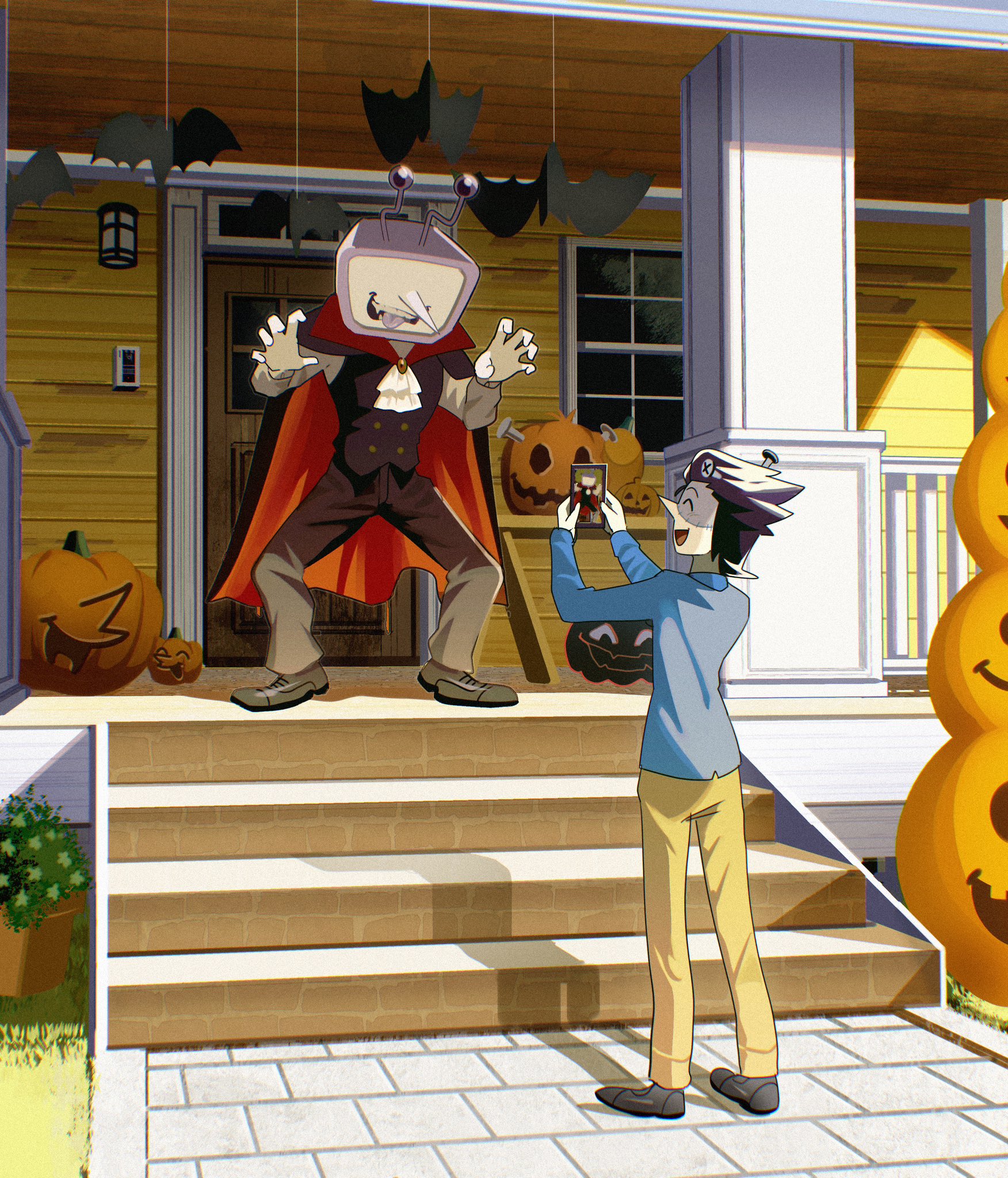 ant tenna, frankenstein's monster, spamton g. spamton, spamton g. spamton (big shot), deltarune, utdr (toby fox), commentary request, highres, 2boys, ascot, bat ornament, black cape, black hair, black vest, blue shirt, buttons, cape, claw pose, closed eyes, colored tongue, cosplay, crt, double-breasted, frankenstein's monster (cosplay), full body, grass, grey pants, grey shoes, hair ornament, hair slicked back, halloween, halloween costume, house, jack-o'-lantern, jackenstein (deltarune), long nose, long sleeves, male focus, multiple boys, object head, open mouth, outdoors, pants, pointy nose, pumpkin, purple tongue, radio antenna, red cape, screw hair ornament, shirt, shoes, short hair, smile, stairs, stitched face, stitches, tongue, tongue out, valve core, vampire costume, vest, white ascot, white shirt, yellow pants