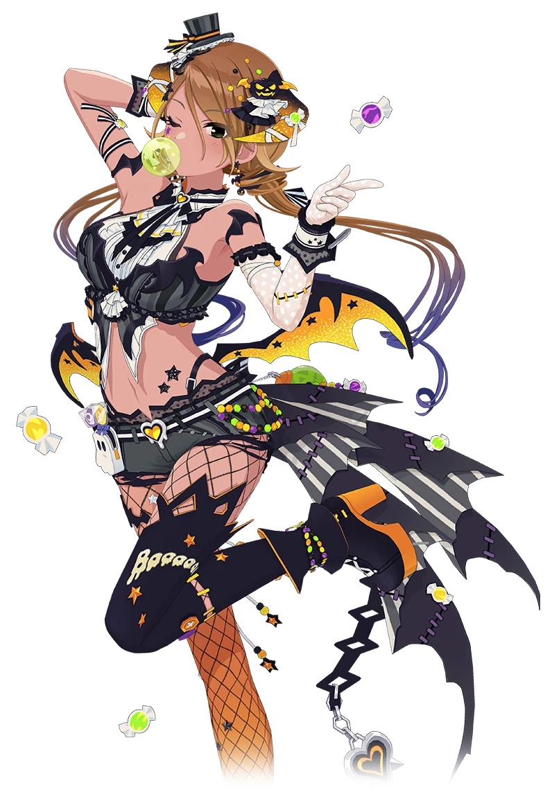 izumi mei, idolmaster, idolmaster shiny colors, idolmaster shiny colors song for prism, official art, 1girl, asymmetrical gloves, asymmetrical legwear, belt, black eyes, blowing bubbles, boots, brown hair, candy, dark-skinned female, dark skin, demon horns, demon wings, facial mark, fishnet pantyhose, fishnets, food, ghost, gloves, hair ornament, halloween, hat, heart, high heel boots, high heels, horns, low twintails, mini hat, multicolored hair, navel, one eye closed, one leg raised, pantyhose, pumpkin, short shorts, shorts, solo, star (symbol), transparent background, twintails, wings