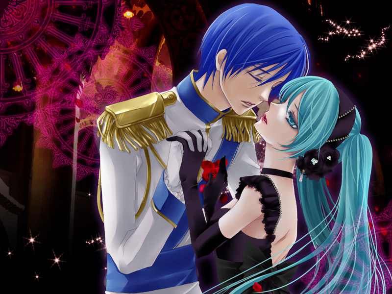 kagami you, you84, cendrillon (toaru majutsu no index), hatsune miku, kaito (vocaloid), cendrillon (vocaloid), vocaloid, bad id, bad pixiv id, 1boy, 1girl, aqua eyes, aqua hair, black dress, blue hair, closed eyes, dress, earrings, elbow gloves, flower, gloves, hand grab, headband, hetero, holding hands, jewelry, long hair, rose, twintails