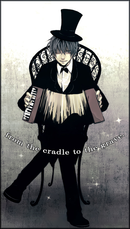 azuma yuuki, yuzuki (pixiv120419), kaito (vocaloid), vocaloid, md5 mismatch, 1boy, accordion, blue eyes, blue hair, crossed legs, english text, formal clothes, hat, instrument, male focus, matching hair/eyes, one eye closed, sitting, smile, solo, suit, top hat, wink