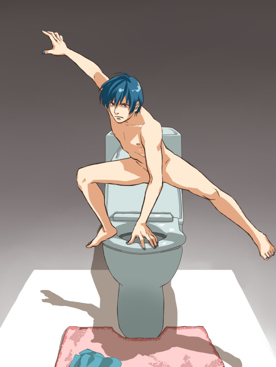 pooo, kaito (vocaloid), vocaloid, bad id, bad pixiv id, 1boy, barefoot, blue hair, censored, convenient arm, convenient censoring, cum, male focus, nail polish, nude, shadow, solo, toilet, what