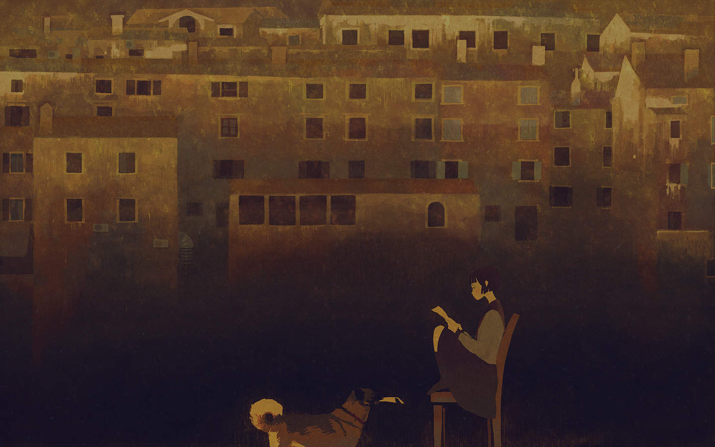 kumaori jun, original, bad id, bad pixiv id, 1girl, black hair, city, dog, reading, school uniform, serafuku, short hair, socks