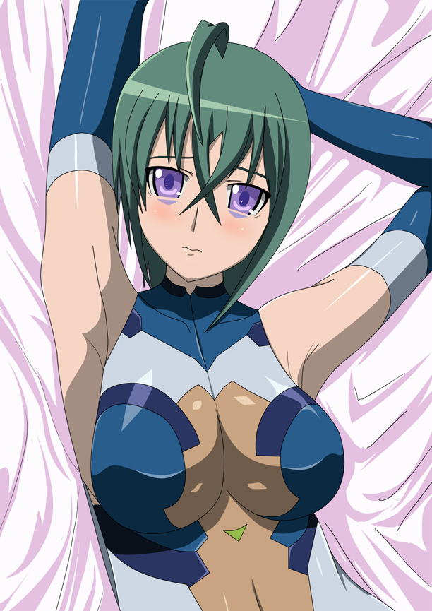 ews, kannagi itsuki, sora wo kakeru shoujo, 00s, armpits, blush, breasts, green hair, large breasts, leotard, lying, purple eyes, skin tight, solo