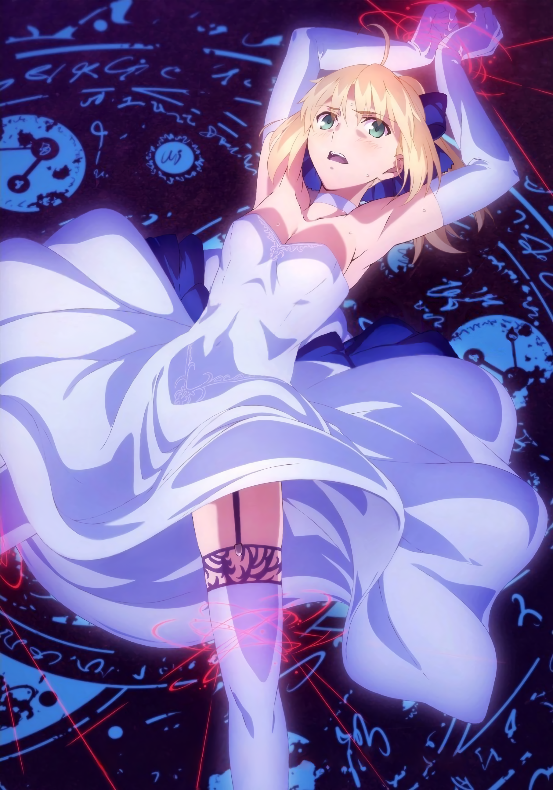 tsuzuki moe, artoria pendragon (fate), saber (fate), fate/stay night, fate/unlimited blade works, fate (series), absurdres, highres, official art, ahoge, armpits, arms up, blonde hair, blue bow, blue ribbon, blush, bow, breasts, choker, cleavage, collarbone, dress, elbow gloves, gloves, green eyes, hair bow, hair ribbon, imminent penetration, imminent rape, imminent vaginal, kneehighs, legs, long glove, long skirt, looking at viewer, lying, magic circle, medium hair, no bra, on back, open mouth, ponytail, purple garter belt, purple garter straps, ribbon, scared, scared expression, sexually suggestive, skirt, small breasts, socks, sweat, sweatdrop, thighhighs, thighs, upper body, wedding dress, white choker, white dress, white gloves, white thighhighs, zettai ryouiki