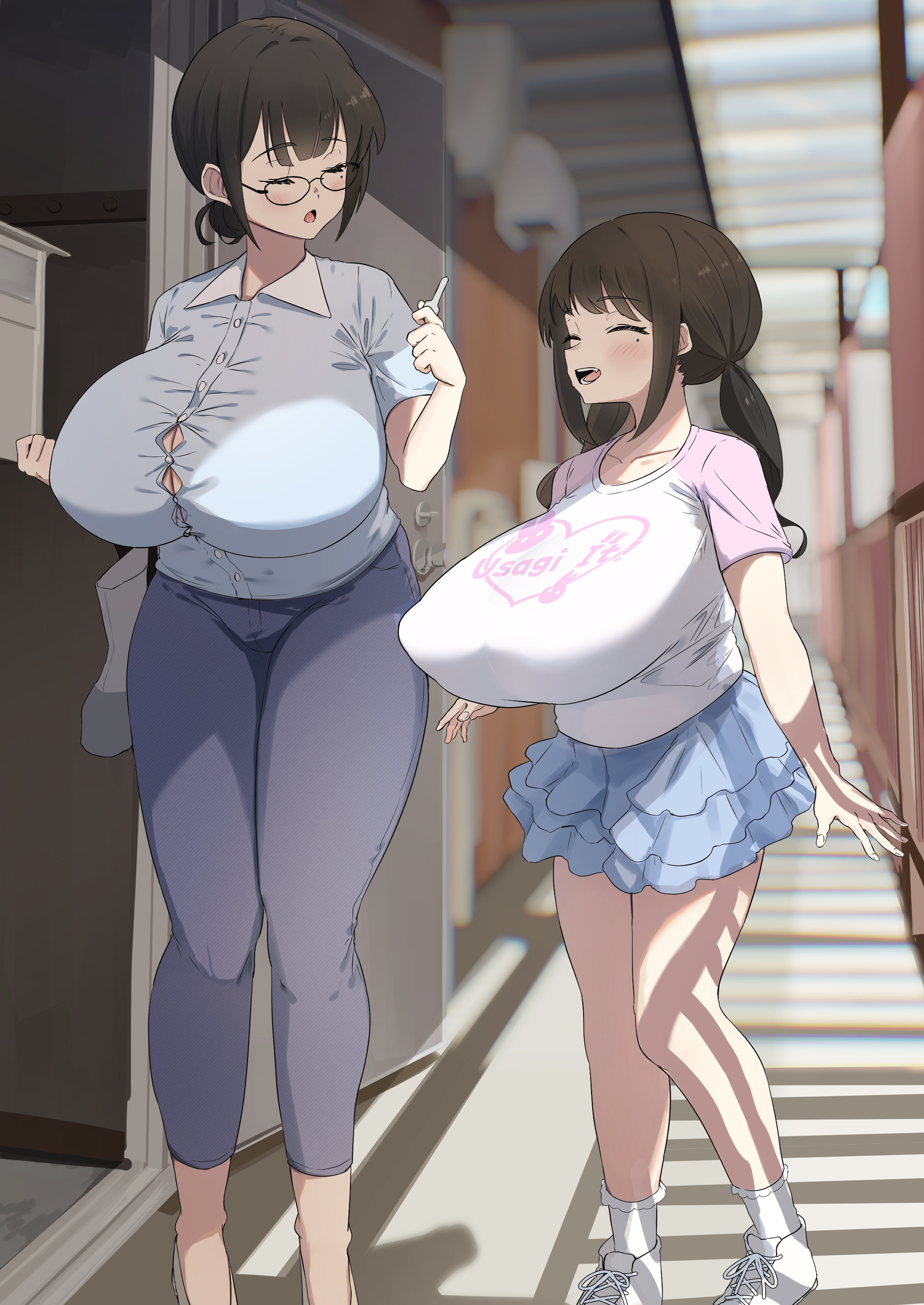 fon (96nokimihito), original, 2girls, black-framed eyewear, black hair, blue pants, blue shirt, blue skirt, blush, breasts, button gap, cleavage, closed eyes, frilled skirt, frills, gigantic breasts, glasses, hair bun, high heels, holding, holding key, huge breasts, key, long hair, mature female, mole, mole under eye, mother and daughter, multiple girls, open door, open mouth, outdoors, pants, pointy breasts, print shirt, shirt, shoes, single hair bun, skirt, sneakers, socks, standing, t-shirt, tight clothes, twintails, white shirt, white shoes