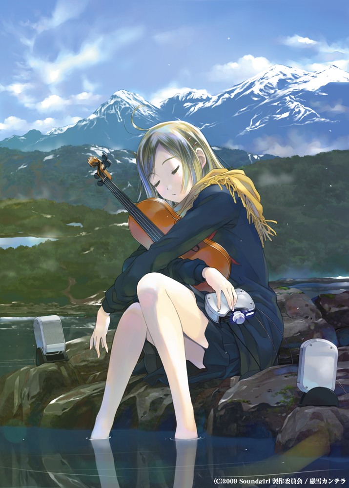 yoshizuki kumichi, original, soundgirl, 1girl, barefoot, female focus, instrument, long hair, mountain, multicolored hair, scarf, sitting, soaking feet, solo, speaker, violin, water