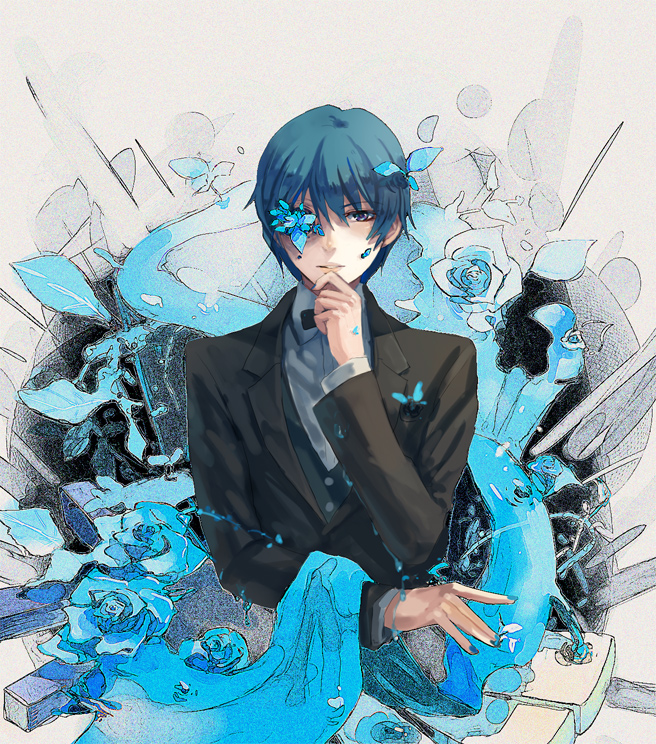 otosume ruiko, kaito (vocaloid), vocaloid, 1boy, blue eyes, blue hair, blue rose, flower, formal clothes, male focus, matching hair/eyes, nail polish, rose, solo, suit