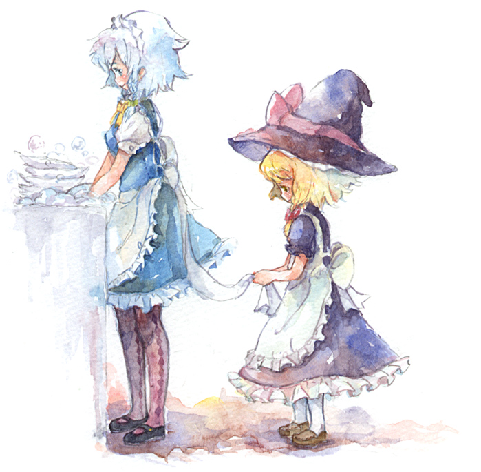 gogo/tad, izayoi sakuya, kirisame marisa, touhou, silver hair, painting (medium), traditional media, watercolor (medium), 2girls, aged down, blonde hair, blue eyes, braid, female focus, hairband, hat, multiple girls, pantyhose, short hair, time paradox, witch, witch hat, yellow eyes