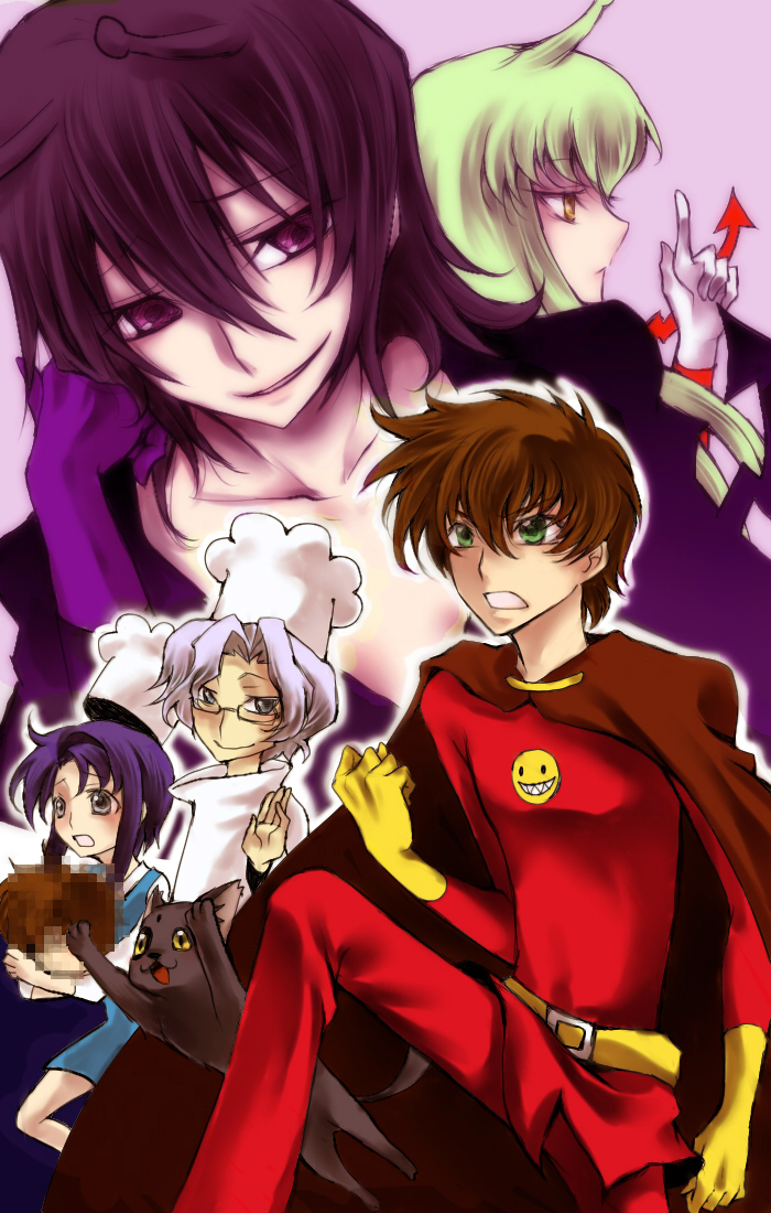 kanata, ryou no (orancyan), arthur (code geass), c.c., cecile croomy, kururugi suzaku, lelouch vi britannia, lloyd asplund, anpanman, code geass, bad id, bad pixiv id, 2girls, 3boys, black hair, blue eyes, blue hair, blush, brown hair, cat, chef hat, glasses, gloves, green eyes, green hair, hat, multiple boys, multiple girls, parody, pectorals, purple eyes, smile, white hair, yellow eyes