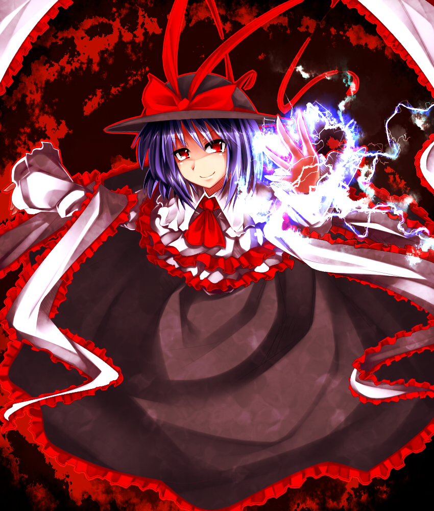 kazetto, nagae iku, touhou, 1girl, electricity, female focus, hat, purple hair, red eyes, shawl, short hair, solo
