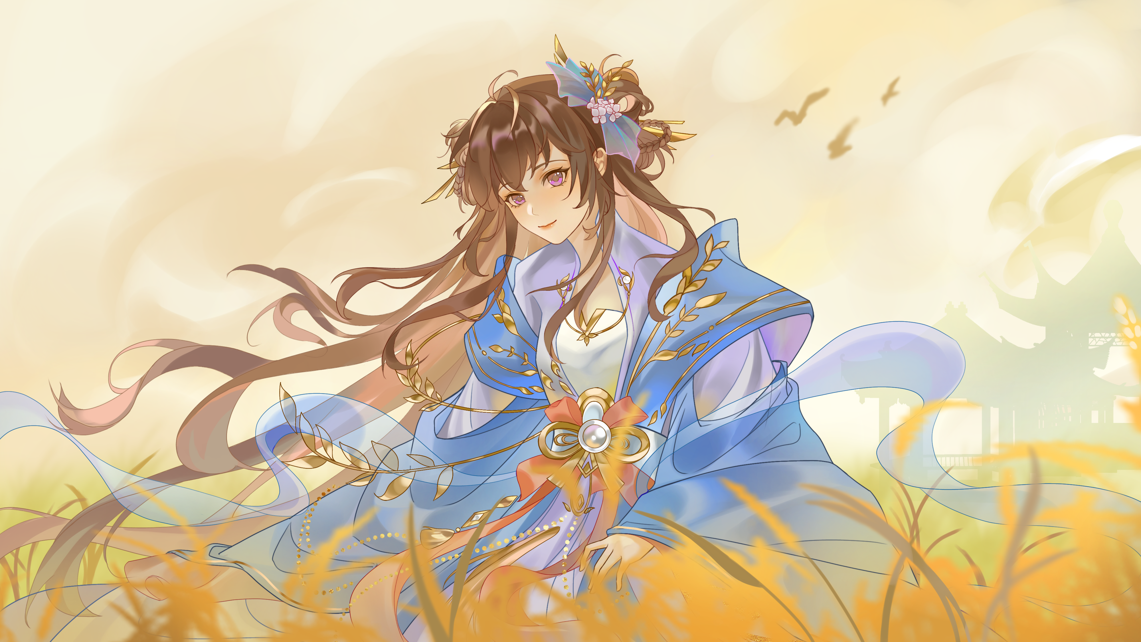 hua yi shanxin zhiyue, absurdres, chinese commentary, highres, 1girl, ahoge, architecture, bai ruier, bird, blue bow, blue shawl, bow, braid, braided hair rings, brown hair, building, chinese clothes, closed mouth, cloud, cowboy shot, double bun, duijin ruqun, east asian architecture, flower, gongzi xiyu, hair between eyes, hair bow, hair bun, hair flower, hair ornament, hair rings, hair stick, hanfu, leaf ornament, long hair, long sleeves, looking at viewer, orange bow, orange lips, outdoors, purple eyes, purple flower, purple hanfu, see-through clothes, see-through shawl, shawl, smile, solo, sweater guard, two-tone robe, very long hair, waist bow, wheat, wheat field, white hanfu, wide sleeves