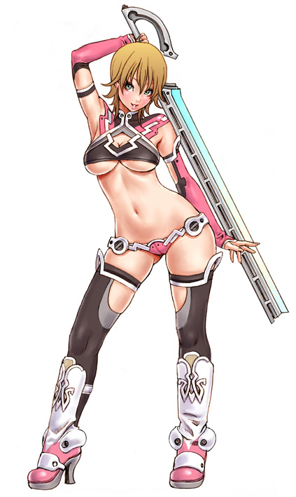 yamashita shun'ya, rudy (yamashita shunya), wild flower, 1girl, armpits, black thighhighs, blonde hair, boots, breasts, cleavage cutout, clothing cutout, crop top, detached sleeves, female focus, full body, green eyes, high heels, hip focus, lips, lowleg, medium breasts, midriff, no pants, science fiction, shoes, short hair, simple background, smile, solo, standing, sword, thighhighs, underboob, weapon, wide hips