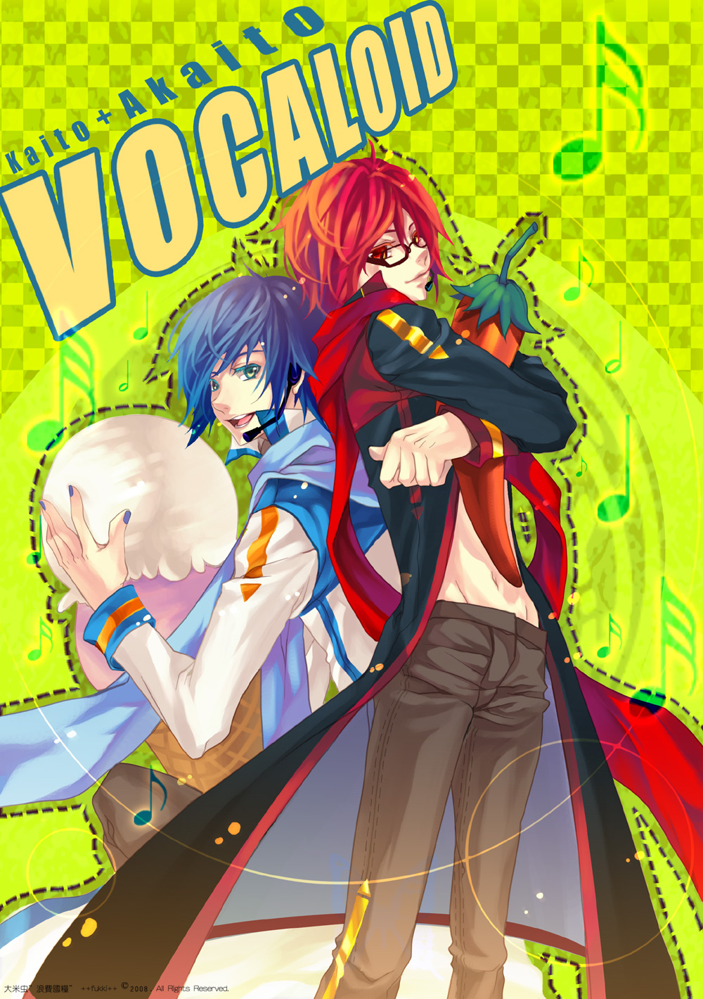 fukki, akaito, kaito (vocaloid), vocaloid, bad id, bad pixiv id, highres, 2boys, blue eyes, blue hair, food, glasses, headset, ice cream, male focus, multiple boys, red eyes, red hair, smile