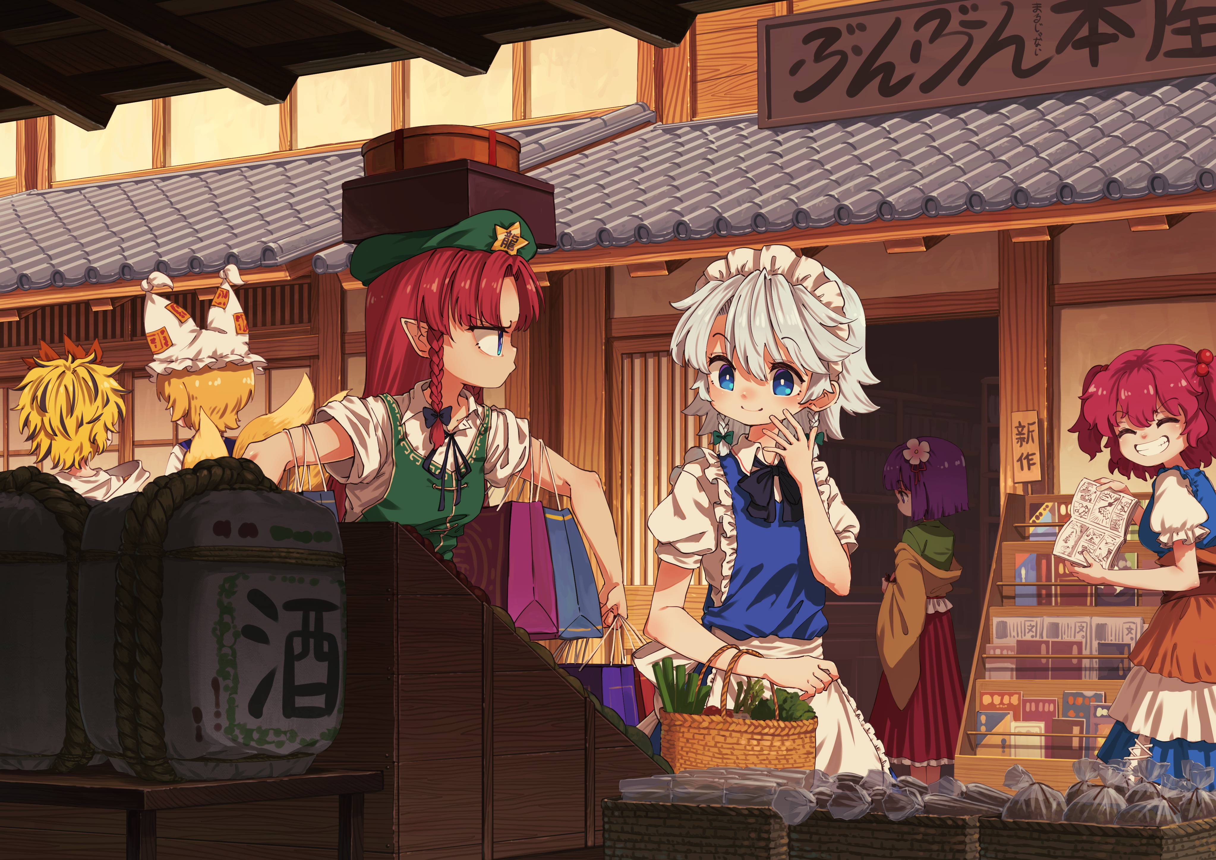 suteruko, hieda no akyuu, hong meiling, izayoi sakuya, onozuka komachi, toramaru shou, yakumo ran, touhou, absurdres, commentary, commentary request, english commentary, highres, mixed-language commentary, translation request, 6+girls, animal ears, animal hat, apron, bag, basket, beret, black bow, black bowtie, black hair, black ribbon, blonde hair, blue eyes, book, bow, bowtie, braid, closed eyes, closed mouth, collared shirt, flower, fox ears, fox tail, green bow, green hat, green kimono, green vest, grey hair, grin, hair bobbles, hair bow, hair flower, hair ornament, hakama, hakama skirt, hat, hat ornament, holding, holding bag, holding basket, holding book, japanese clothes, kimono, layered kimono, long hair, long sleeves, maid, maid headdress, mob cap, multicolored hair, multiple girls, multiple tails, neck ribbon, obi, obidome, open book, outdoors, pointy ears, puffy short sleeves, puffy sleeves, purple hair, radish, red hair, red hakama, ribbon, sash, shirt, shopping, shopping bag, short hair, short sleeves, skirt, smile, spring onion, star (symbol), star hat ornament, streaked hair, tail, tomato, twin braids, two-tone hair, two side up, vest, waist apron, white apron, white hat, white shirt, yellow kimono
