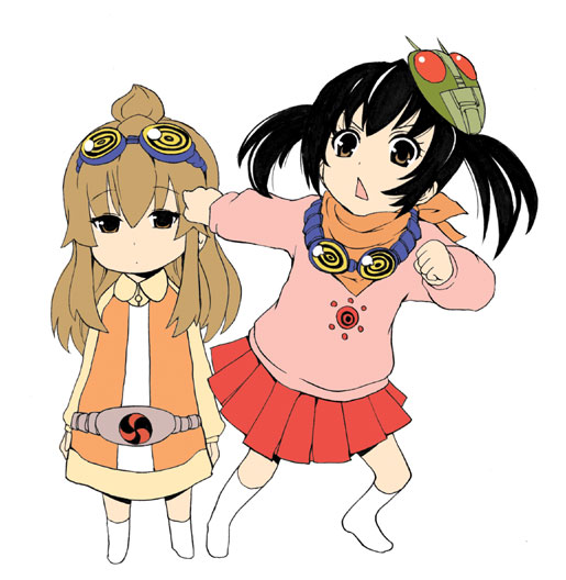 minami chiaki, minami kana, kamen rider, minami-ke, non-web source, 00s, 2girls, aged down, ahoge, child, goggles, mask, multiple girls, siblings, sisters, twintails