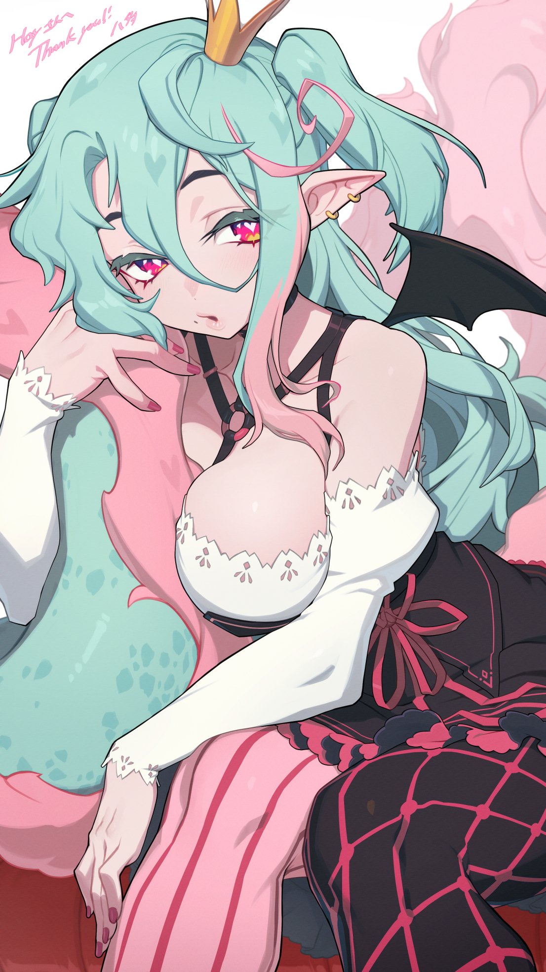 hata4564, original, commission, highres, skeb commission, 1girl, aqua hair, asymmetrical legwear, bat wings, blouse, breasts, chest harness, crown, detached sleeves, ear piercing, frilled shirt, frills, harness, hugging tail, large breasts, looking at viewer, mini crown, mini wings, mismatched legwear, mole, mole under mouth, multicolored hair, nail polish, pantyhose, parted lips, piercing, pink hair, pink nails, pointy ears, red eyes, ribbon, shirt, simple background, sitting, solo, tail, white background, wings