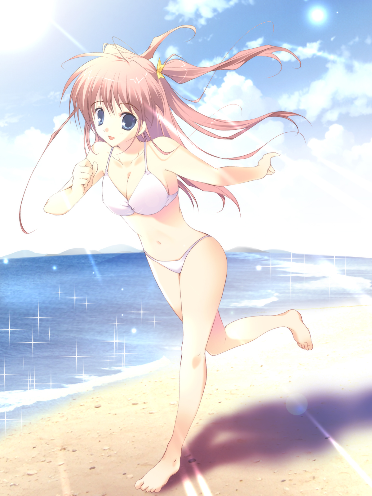 character request, highres, beach, bikini, blue eyes, breasts, cleavage, long hair, ocean, pink one-piece swimsuit, red hair, running, sand, sparkle, summer, swimsuit