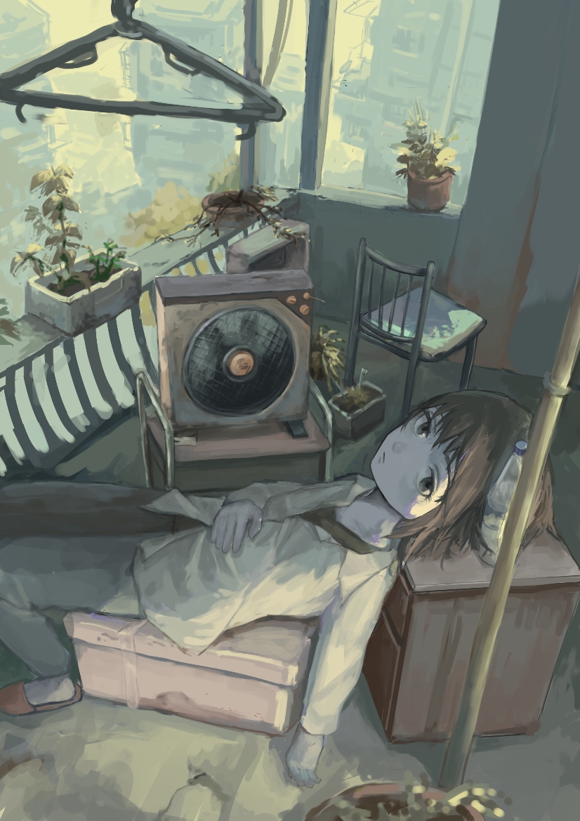 bin jiang, original, commentary request, partial commentary, 1girl, bottle, brown eyes, brown hair, chair, plant, potted plant, short hair, solo, water bottle