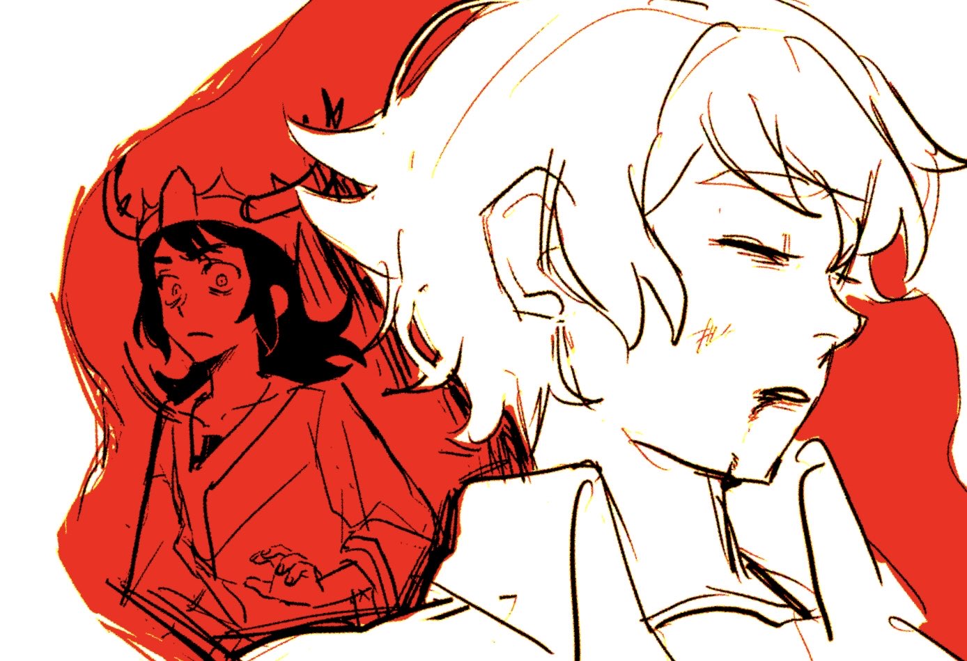 meilinaijing, abaddon (haunted hotel), abaddon (human) (haunted hotel), esther freeling, haunted hotel, bleeding, blood, blood from mouth, closed eyes, death, from above, horned hat, lying, on back, pool of blood, reflection, robe, short hair, spot color, white background