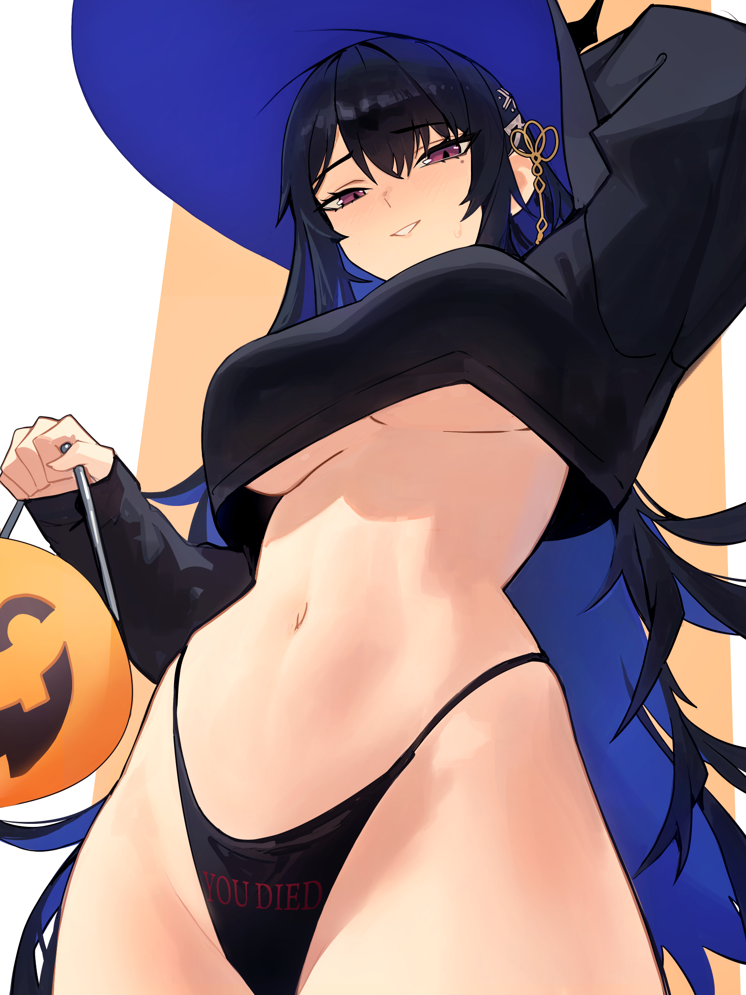 distr, nerissa ravencroft, hololive, hololive english, highres, 1girl, black hair, black horns, black panties, black sweater, blue hair, colored inner hair, crop top, from below, hair between eyes, halloween bucket, hat, horns, long hair, looking at viewer, mole, mole under eye, multicolored hair, no pants, panties, purple eyes, solo, sweater, underwear, witch hat, you died