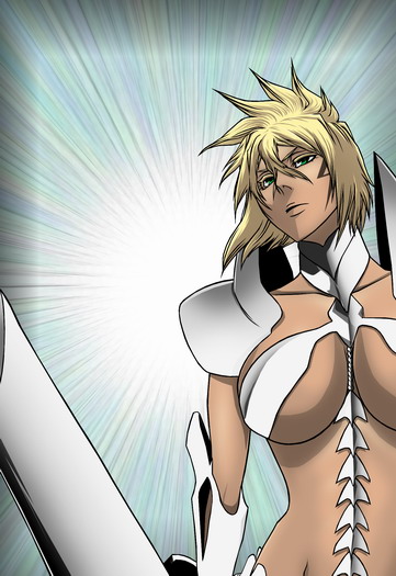 kubo tite, tier harribel, bleach, colorized, spoilers, third-party edit, 00s, 1girl, arrancar, blonde hair, breasts, dark-skinned female, dark skin, female focus, green eyes, hollow (bleach), large breasts, number tattoo, resurreccion, solo, tattoo, underboob
