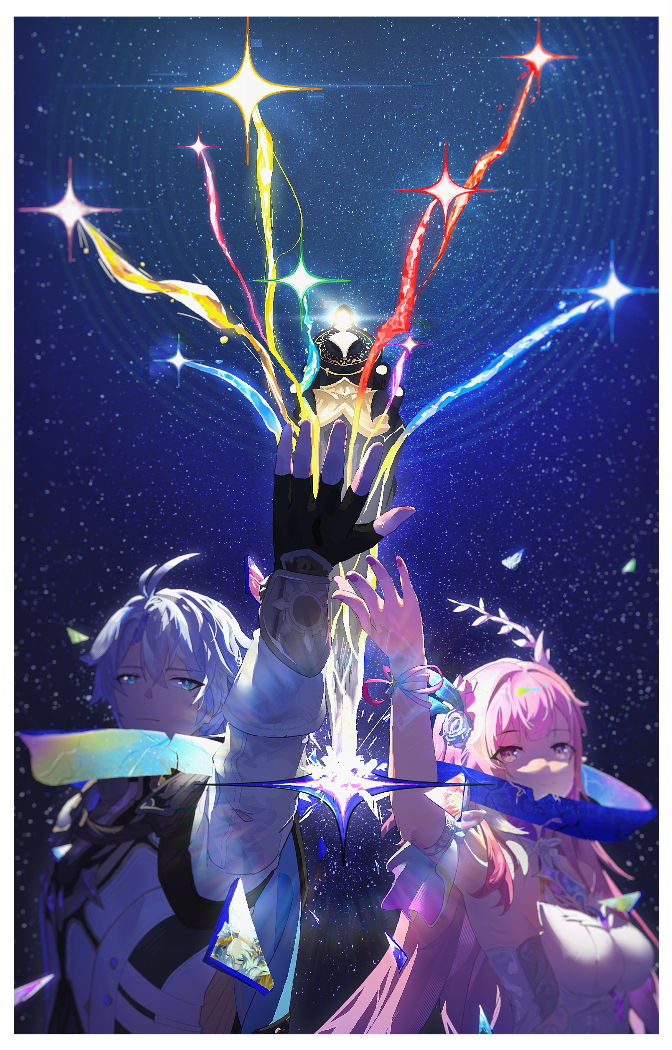 k (ke04609), cyrene (honkai: star rail), cyrene (ripples of past reverie) (honkai: star rail), phainon (honkai: star rail), honkai: star rail, honkai (series), absurdres, hashtag-only commentary, highres, 1boy, 1girl, ahoge, armpit crease, astral express (honkai: star rail), black gloves, blue eyes, border, breasts, coat, diamond-shaped pupils, diamond (shape), dress, fingerless gloves, gloves, hair flaps, large breasts, long hair, pink hair, pointy ears, purple eyes, short hair, sky, star (sky), starry sky, symbol-shaped pupils, train, very long hair, white border, white coat, white dress, white hair