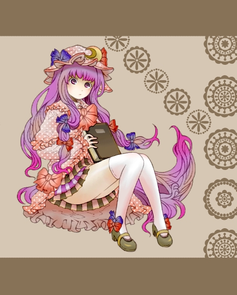 lobo (kyodai na robo), robo (artist), patchouli knowledge, touhou, bad id, bad pixiv id, 1girl, book, female focus, hat, long hair, purple eyes, purple hair, solo, thighhighs