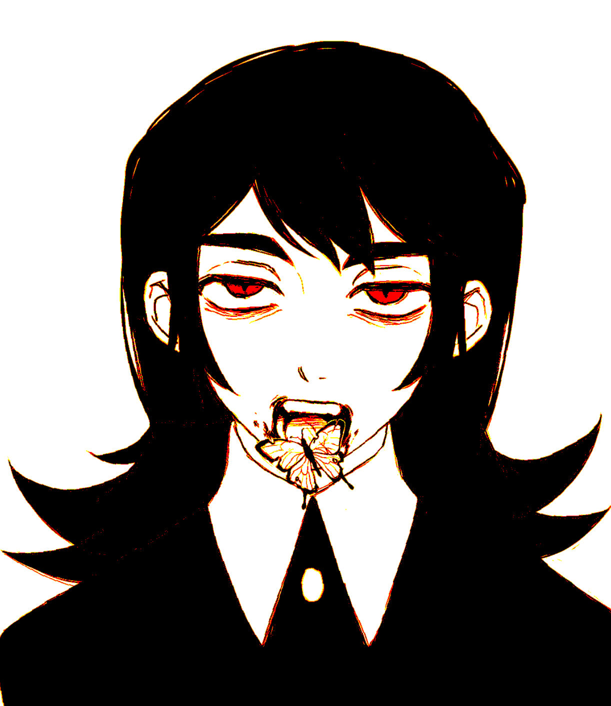 meilinaijing, abaddon (haunted hotel), abaddon (human) (haunted hotel), haunted hotel, highres, 1boy, bug, butterfly, butterfly on mouth, insect, long hair, male focus, open mouth, red eyes, simple background, slit pupils, spot color, tongue, tongue out, upper body, white background