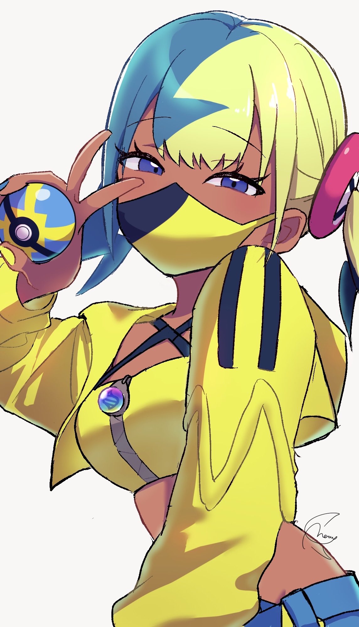 meru merume603, canari (pokemon), nintendo, pokemon, pokemon legends: z-a, highres, mixed-language commentary, 1girl, bandeau, blue eyes, blue pants, cropped jacket, eyelashes, hand up, holding, holding poke ball, holding with gesture, hood, hood down, hooded jacket, jacket, long sleeves, looking at viewer, mask, mouth mask, multicolored hair, nail polish, open clothes, open jacket, pants, poke ball, quick ball, short twintails, signature, solo, twintails, upper body, v, white background, yellow bandeau, yellow jacket, zipper, zipper pull tab