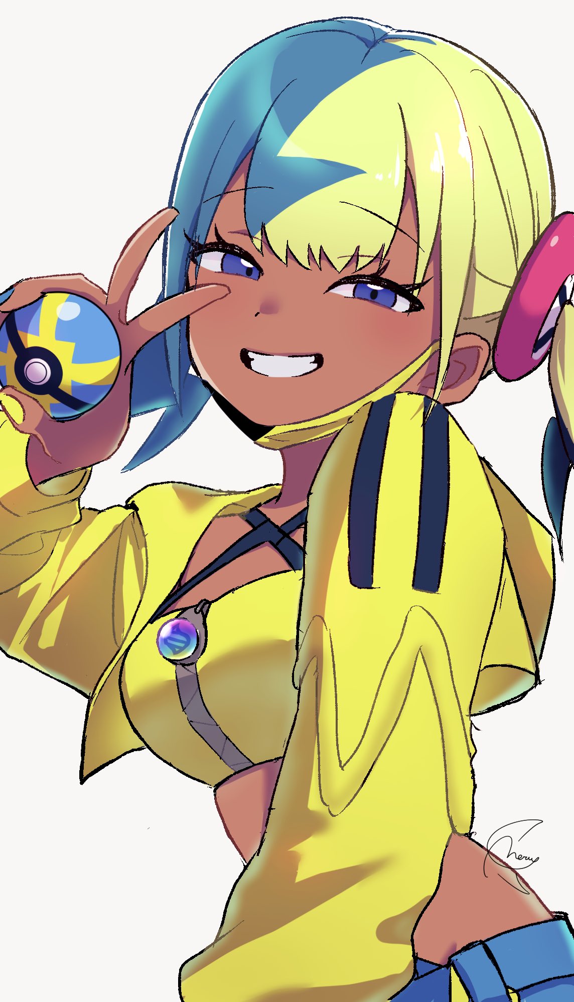 meru merume603, canari (pokemon), nintendo, pokemon, pokemon legends: z-a, highres, mixed-language commentary, 1girl, bandeau, blue eyes, blue pants, cropped jacket, eyelashes, grin, hand up, happy, holding, holding poke ball, holding with gesture, hood, hood down, hooded jacket, jacket, long sleeves, looking at viewer, mask, mask pull, mouth mask, multicolored hair, nail polish, open clothes, open jacket, pants, poke ball, quick ball, short twintails, signature, smile, solo, teeth, twintails, upper body, v, white background, yellow bandeau, yellow jacket, zipper, zipper pull tab