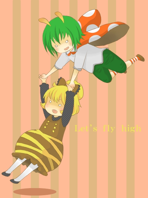 lobo (kyodai na robo), robo (artist), kurodani yamame, wriggle nightbug, touhou, bad id, bad pixiv id, 2girls, antennae, blonde hair, cape, english text, female focus, green hair, multiple girls, short hair