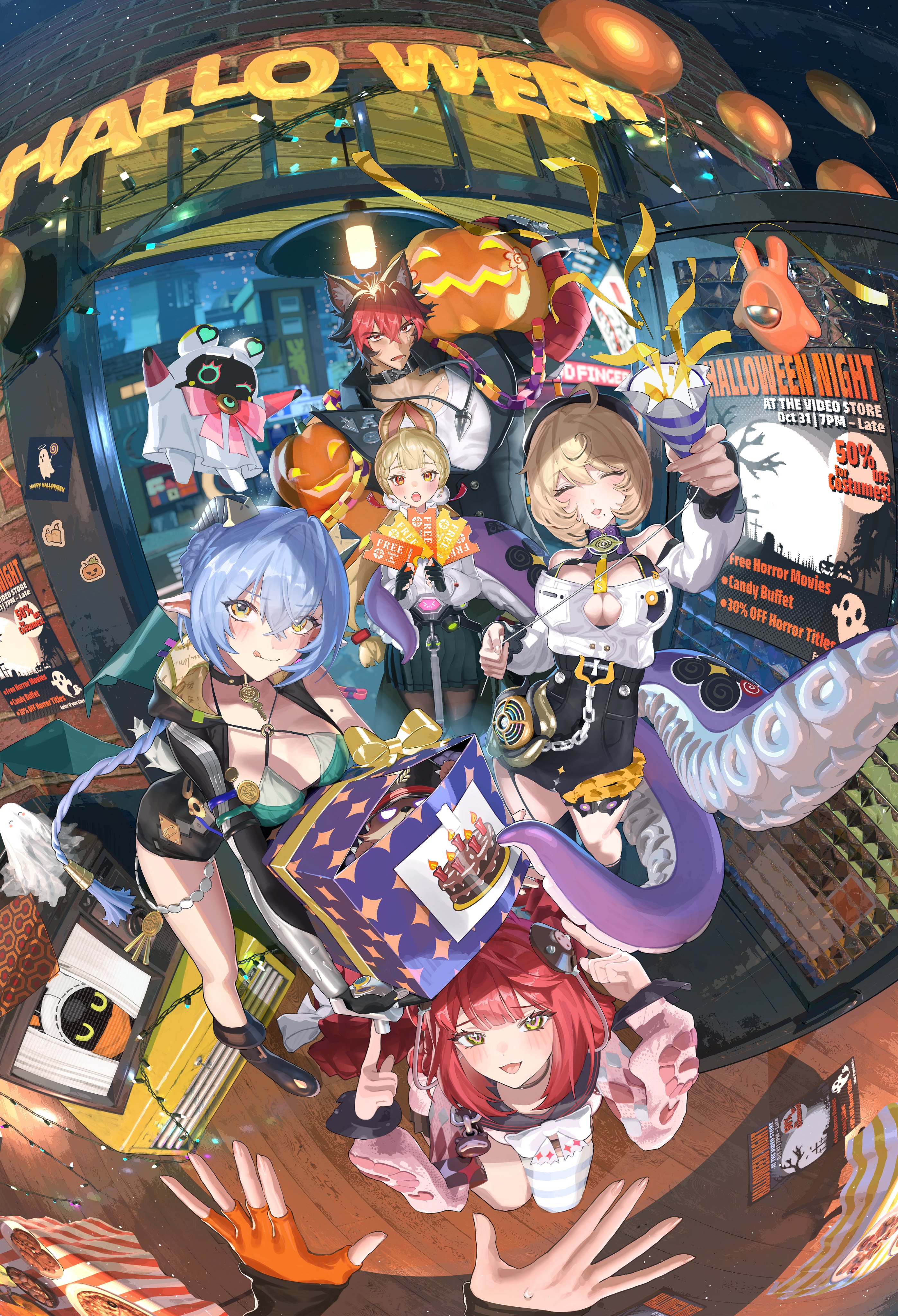 mau sakura, alice thymefield, bangboo (zenless zone zero), belle (zenless zone zero), kamanosuke (zenless zone zero), komano manato, lucia elowen, miss esme (zenless zone zero), ukinami yuzuha, yidhari murphy, zenless zone zero, braided twintails, absurdres, commentary request, highres, partial commentary, 1boy, 5girls, :d, animal ears, asymmetrical shorts, balloon, bare shoulders, black hair, black hat, black jacket, black sailor collar, black unitard, blonde hair, blue hair, blush, box, braid, breasts, cardigan, chest bow, choker, cleavage, closed mouth, confetti, detached sleeves, dog boy, dog ears, fingerless gloves, garter straps, gift, gift box, gloves, goat ears, goat girl, goat horns, goat tail, green eyes, hair between eyes, hair ornament, hat, hearing aid, heterochromia, high-waist shorts, holding, holding party popper, hood, hood down, horns, jacket, jewelry, key, key choker, kneeling, large breasts, long hair, looking at viewer, loose thighhigh, low twin braids, low twintails, mole, mole on arm, mole under mouth, monster girl, multicolored hair, multiple girls, muscular, muscular male, necklace, open mouth, orange gloves, party, party popper, pink cardigan, pointy ears, pov, pov hands, rabbit ears, rabbit girl, raccoon, red eyes, red hair, sailor collar, scar, scar across eye, scar on chest, scar on face, shirt, short hair, shorts, single garter strap, single glove, smile, sphere hair ornament, spiked jacket, standing, streamers, tail, tanuki, tentacle girl, tentacle tail, tentacles, thigh strap, thighhighs, thiren, tongue, tongue out, twin braids, twintails, very long hair, white shirt, yellow eyes