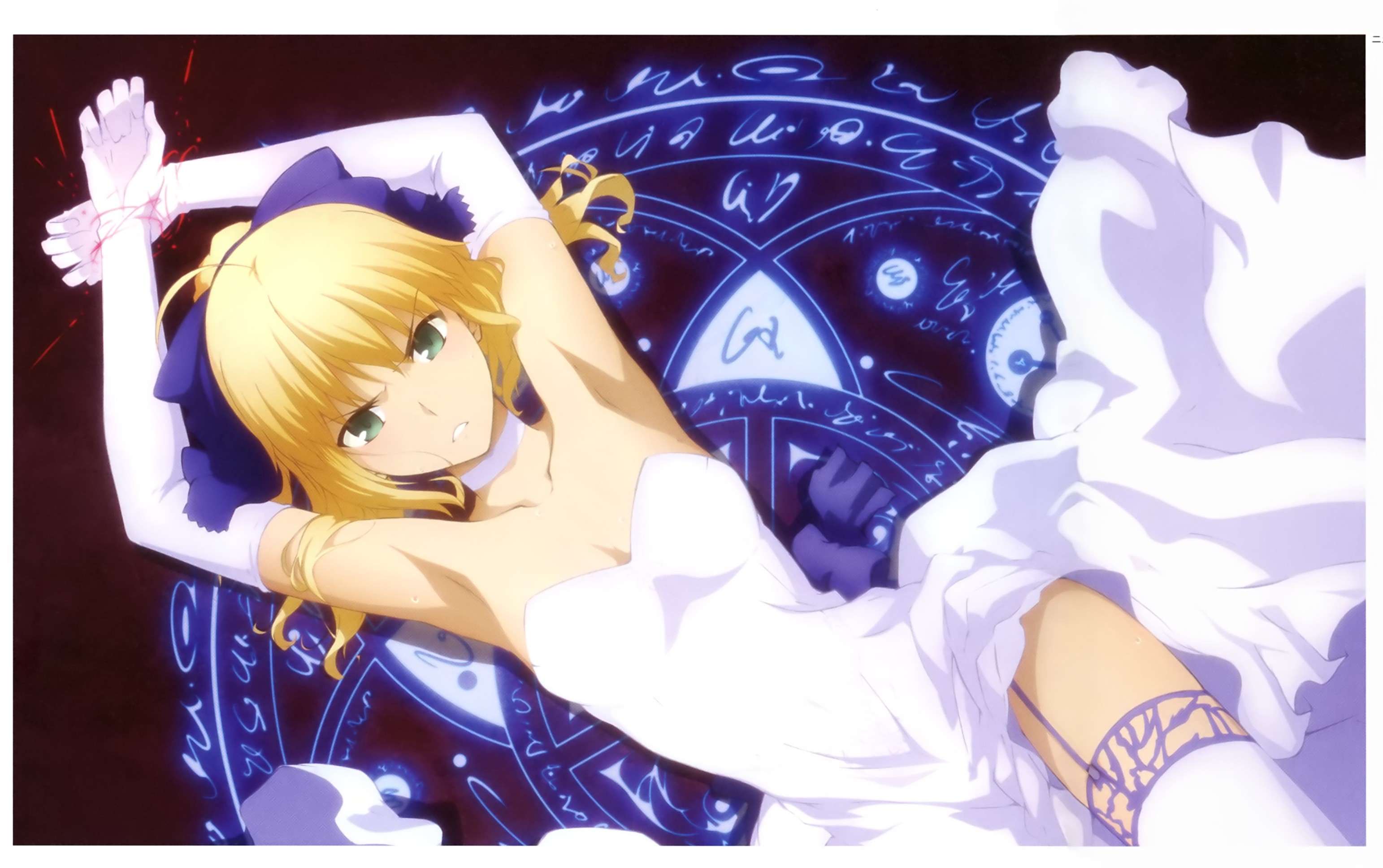 tsuzuki moe, artoria pendragon (fate), saber (fate), fate/stay night, fate/unlimited blade works, fate (series), highres, scan, 1girl, ahoge, armpits, arms up, bare shoulders, bdsm, blonde hair, blush, bondage, bound, bound arms, bow, breasts, choker, cleavage, collarbone, dress, elbow gloves, female focus, gloves, green eyes, hair bow, hair ribbon, imminent penetration, imminent rape, imminent vaginal, kneehighs, legs, long glove, long skirt, looking at viewer, lying, magic circle, medium hair, no bra, on side, ponytail, purple bow, purple garter belt, purple garter straps, purple ribbon, ribbon, sexually suggestive, skirt, small breasts, socks, solo, solo focus, sweat, sweatdrop, teeth, thighhighs, thighs, wedding dress, white choker, white dress, white gloves, white skirt, white thighhighs, zettai ryouiki