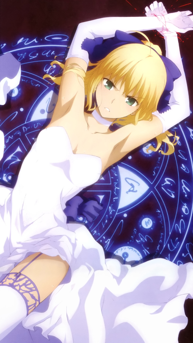 tsuzuki moe, artoria pendragon (fate), saber (fate), fate/stay night, fate/unlimited blade works, fate (series), highres, scan, 1girl, ahoge, armpits, arms up, bare shoulders, bdsm, blonde hair, blush, bondage, bound, bound arms, bow, breasts, choker, cleavage, collarbone, dress, elbow gloves, female focus, gloves, green eyes, hair bow, hair ribbon, imminent penetration, imminent rape, imminent vaginal, kneehighs, legs, long glove, long skirt, looking at viewer, lying, magic circle, medium hair, no bra, on back, on side, ponytail, purple bow, purple garter belt, purple garter straps, purple ribbon, ribbon, sexually suggestive, skirt, small breasts, socks, solo, solo focus, sweat, sweatdrop, teeth, thighhighs, thighs, wedding dress, white choker, white dress, white gloves, white skirt, white thighhighs, zettai ryouiki