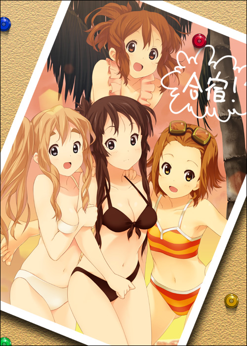 mizuki makoto, akiyama mio, hirasawa yui, kotobuki tsumugi, tainaka ritsu, k-on!, 00s, 4girls, bikini, goggles, ho-kago tea time, multiple girls, palm tree, photo (object), sky, swimsuit, tree