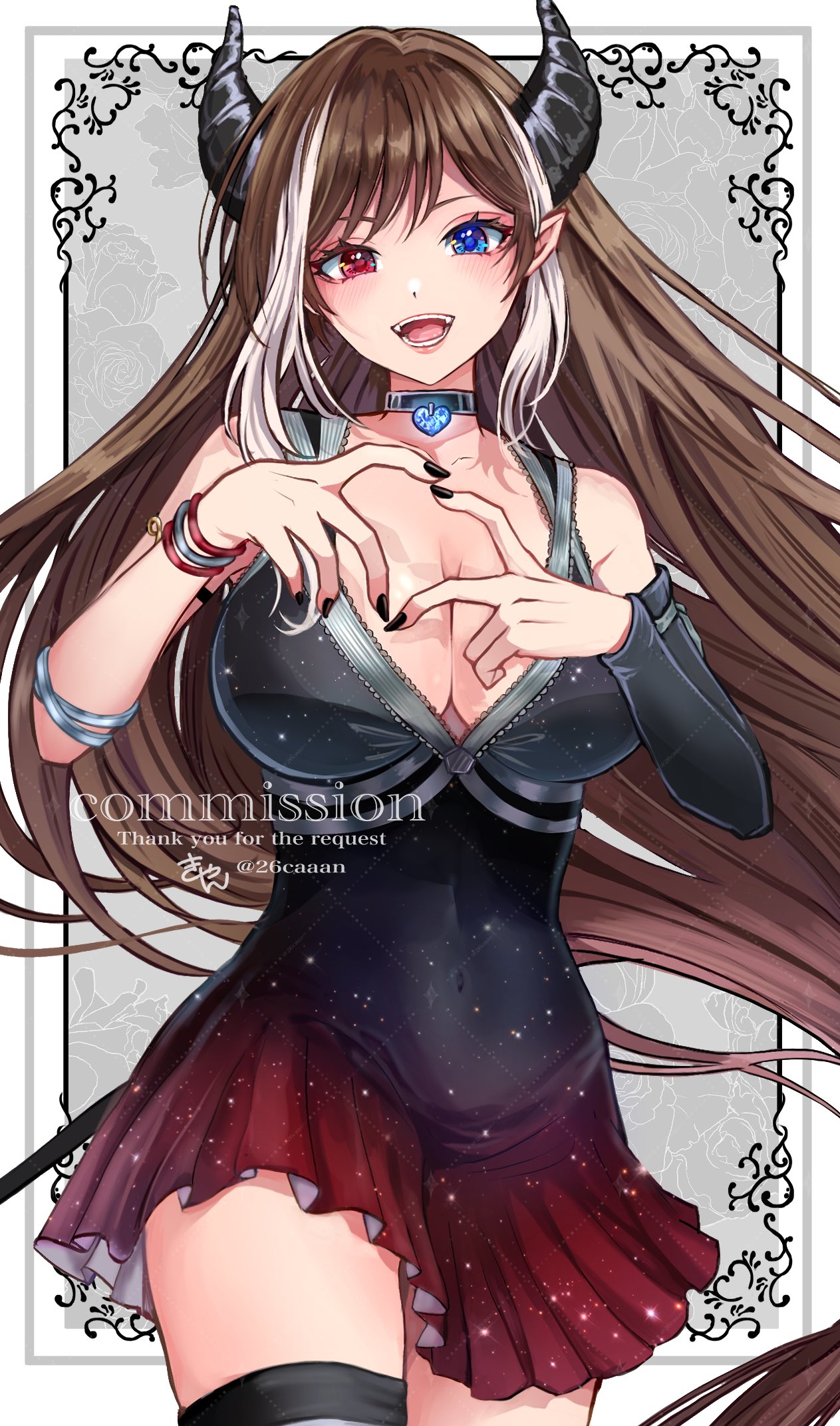 original, bilingual commentary, commentary, commission, english commentary, highres, mixed-language commentary, skeb commission, 1girl, bare shoulders, black choker, black dress, black nails, blue eyes, breasts, brown hair, choker, cowboy shot, detached sleeves, dress, fingernails, grey background, hands up, heart, heart choker, heterochromia, horns, large breasts, long hair, looking at viewer, multicolored hair, nail polish, open mouth, parted bangs, pointy ears, red eyes, short dress, smile, solo, streaked hair, swept bangs, very long hair, watermark, white streaks, xxcaaan