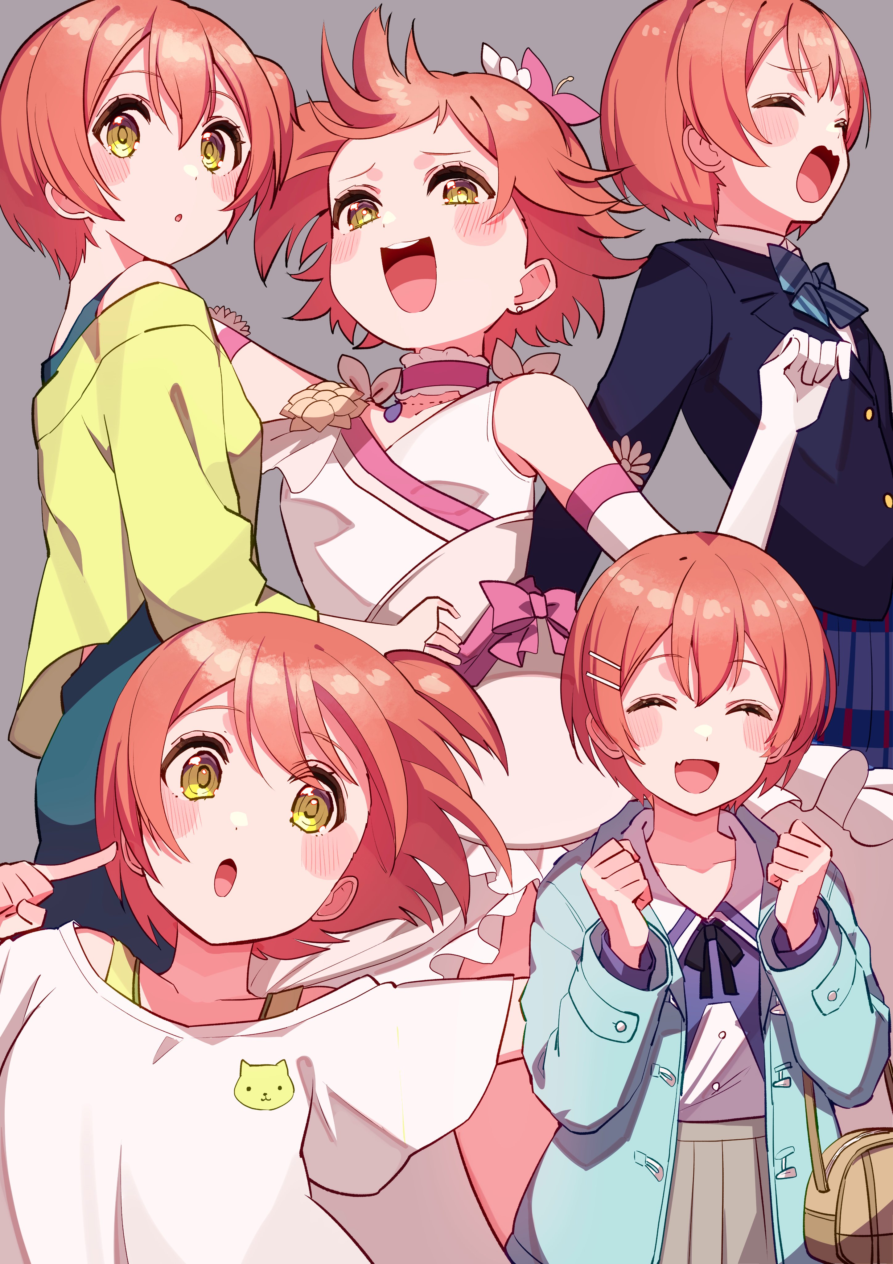 cream (nipakupa), hoshizora rin, love live!, love live! school idol project, absurdres, commentary, highres, 1girl, birthday, blush, breasts, closed eyes, earrings, hair ornament, hairpin, jacket, jewelry, looking at viewer, multiple hairpins, multiple views, orange hair, otonokizaka school uniform, school uniform, short hair, small breasts, upper body, yellow eyes