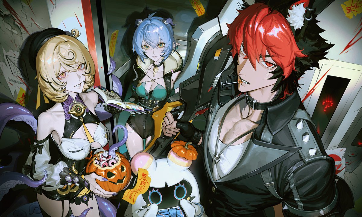 iamthekingofegg, bangboo (zenless zone zero), komano manato, lucia elowen, miss esme (zenless zone zero), yidhari murphy, zenless zone zero, commentary request, 1boy, 1other, 2girls, 3girls, accessories, animal ear fluff, animal ears, asymmetrical shorts, bare shoulders, black bow, black gloves, black hair, black hat, black jacket, black unitard, blonde hair, blood, blood on wall, blue hair, body fur, book, bow, breasts, bucket, choker, closed mouth, collar, collarbone, detached sleeves, dog boy, dog ears, ear piercing, earrings, elevator, eyeball, fingerless gloves, from above, garter straps, gloves, goat ears, goat girl, goat horns, grin, guest art, hair between eyes, halloween bucket, hat, high-waist shorts, holding, holding book, holding bucket, holding sword, holding weapon, hood, horns, indoors, jacket, jewelry, key, key choker, large breasts, looking at viewer, medallion, medium breasts, mole, mole under mouth, monster girl, multicolored hair, multiple girls, muscular, muscular male, necklace, ofuda, pectorals, piercing, pointy ears, pumpkin, purple eyes, purple nails, red eyes, red hair, ribbon, scar, scar across eye, scar on face, scylla, shirt, short hair, shorts, single bare shoulder, single garter strap, single sleeve, single thighhigh, smile, spiked jacket, sword, tentacle girl, tentacle tail, tentacles, thighhighs, weapon, white shirt, yellow eyes, yellow ribbon