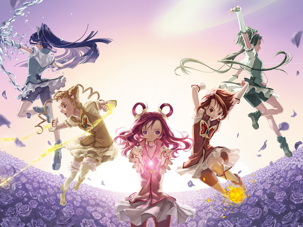 tomiwo, akimoto komachi, cure aqua, cure dream, cure lemonade, cure mint, cure rouge, kasugano urara (yes! precure 5), minazuki karen, natsuki rin, yumehara nozomi, precure, yes! precure 5, yes! precure 5 gogo!, 00s, 5girls, arrow (projectile), bike shorts, blonde hair, blue hair, blue shorts, bow (weapon), cone hair bun, fire, fireball, flower, green hair, green shorts, hair bun, magical girl, multiple girls, pink hair, pink shorts, red hair, rose, shorts, skirt, spiked hair, water, weapon, wide ponytail, yellow skirt