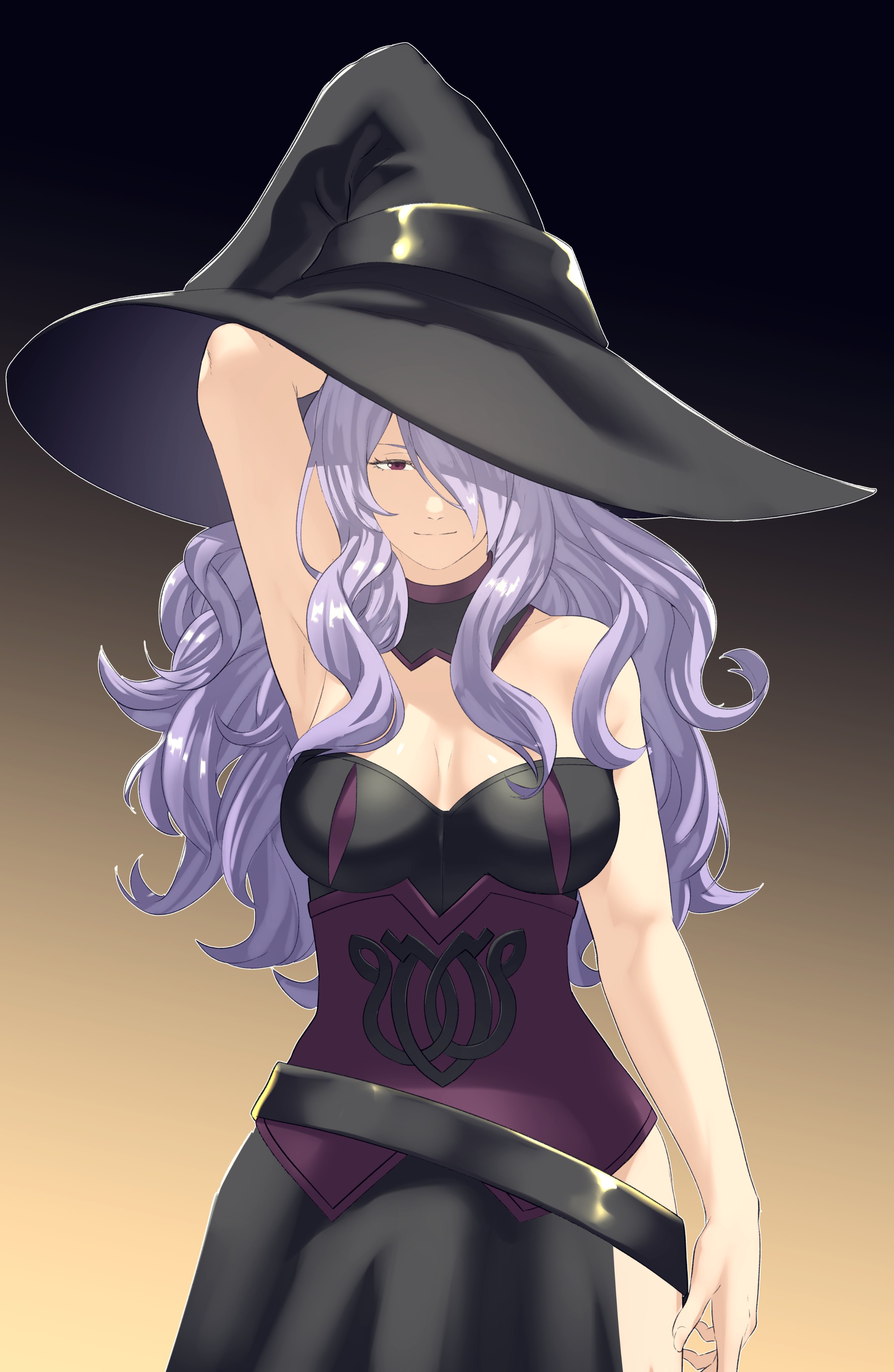 pomelomelon, camilla (fire emblem), fire emblem, fire emblem fates, nintendo, absurdres, highres, 1girl, alternate costume, arm behind head, arm up, armpits, bare arms, belt, black background, breasts, dress, gradient background, hair over one eye, half-closed eyes, halloween, halloween costume, hat, large breasts, long hair, looking at viewer, pink eyes, purple eyes, purple hair, side slit, sleeveless, sleeveless dress, smile, solo, thighs, very long hair, witch, witch hat, yellow background