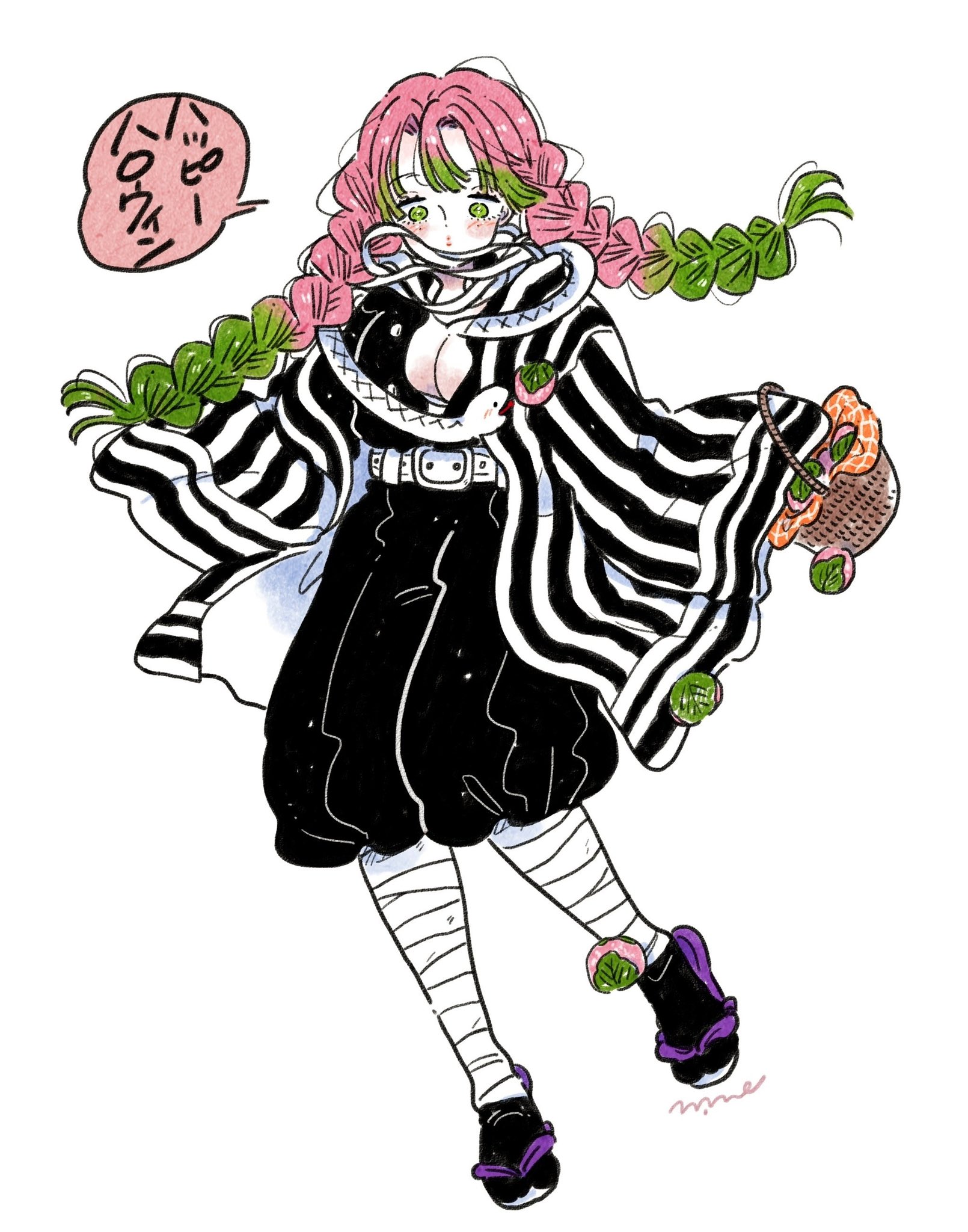 emamemamo33, iguro obanai, kanroji mitsuri, kimetsu no yaiba, commentary, highres, translated, 1girl, animal, animal around neck, bandages, basket, blush, braid, breasts, cleavage, colored skin, demon slayer uniform, full body, gradient hair, green eyes, green hair, halloween costume, haori, happy halloween, holding, holding basket, japanese clothes, large breasts, long hair, long sleeves, multicolored hair, pink hair, signature, simple background, snake, snake wrapped around neck, solo, speech bubble, striped haori, twin braids, two-tone hair, white background, white skin, white snake, wicker basket