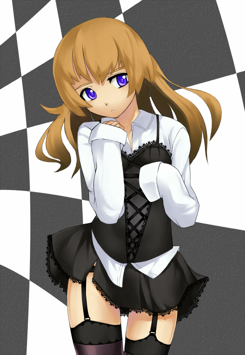 napori, brown hair, camisole, garter belt, long hair, long sleeves, purple eyes, skirt, solo, thighhighs