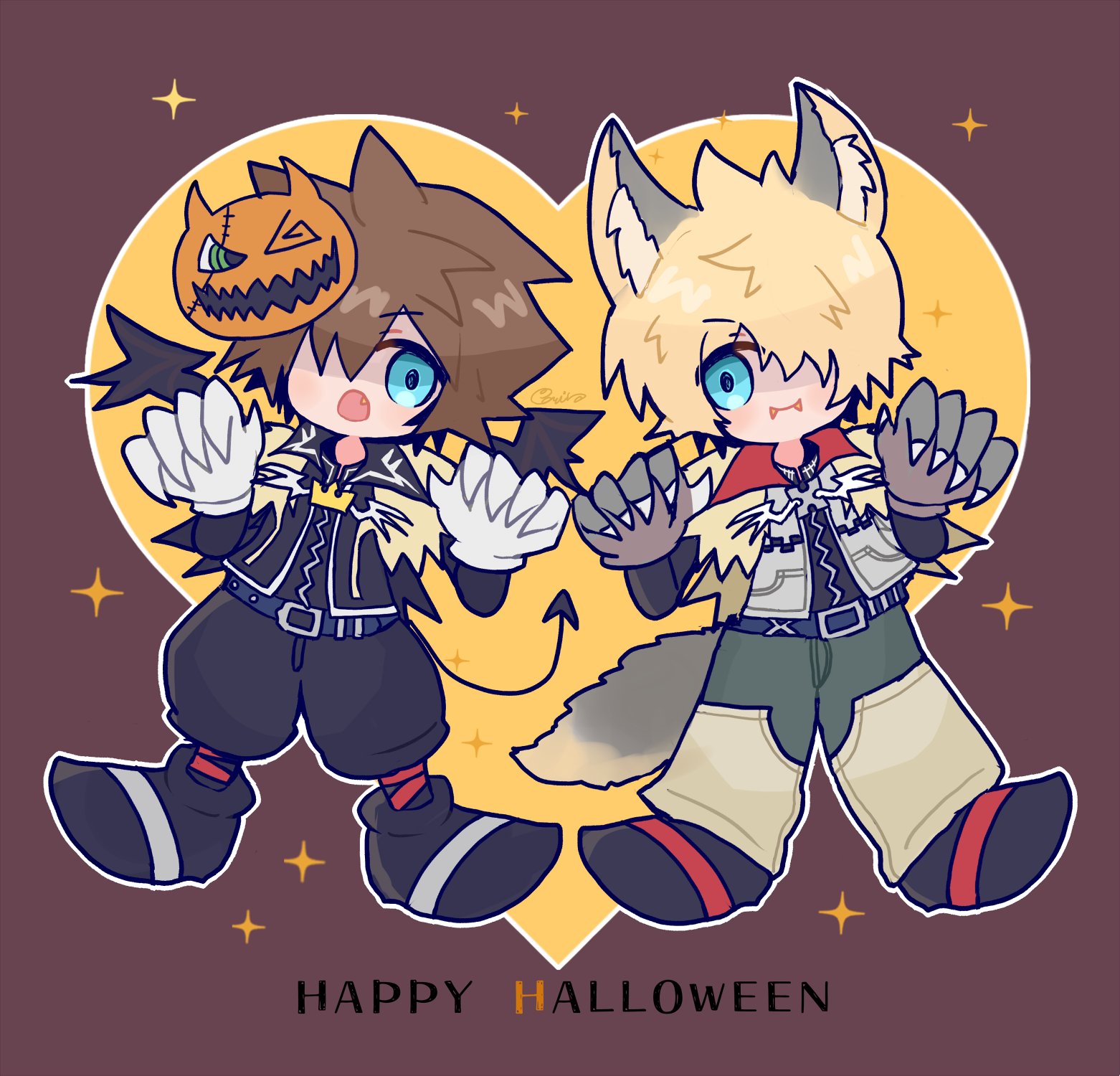haru sorara, roxas, sora (halloween town) (kingdom hearts), sora (kingdom hearts), kingdom hearts, kingdom hearts ii, highres, 2boys, alternate costume, animal ears, animal hands, bat wings, belt, black jacket, black pants, black shoes, black wings, blonde hair, blue belt, blue eyes, brown background, brown hair, capelet, chibi, chibi only, claw pose, claws, demon tail, fang, fangs, full body, gloves, green pants, hair over one eye, halloween, happy halloween, heart, jacket, kemonomimi mode, long sleeves, male focus, mask, mask on head, multiple boys, official alternate costume, open mouth, outline, pants, puffy pants, shoes, short hair, sparkle, spiked hair, standing, tail, white gloves, white jacket, white outline, wings, wolf boy, wolf ears, wolf tail