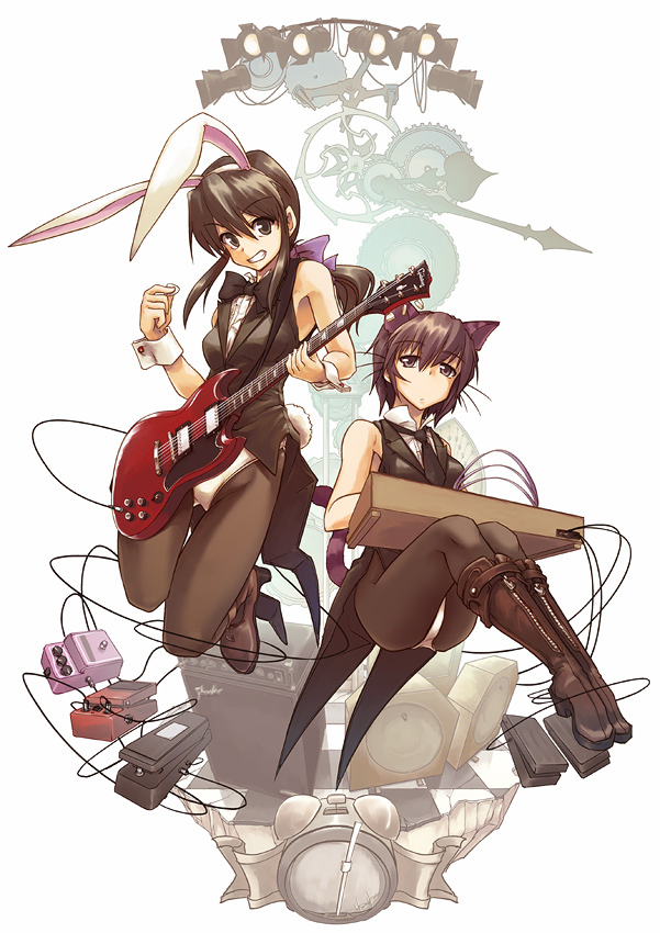 akiyama nenehisa, animal ears, boots, cat ears, fake animal ears, guitar, instrument, kittysuit, necktie, nontraditional playboy bunny, pantyhose, playboy bunny, rabbit ears, speaker