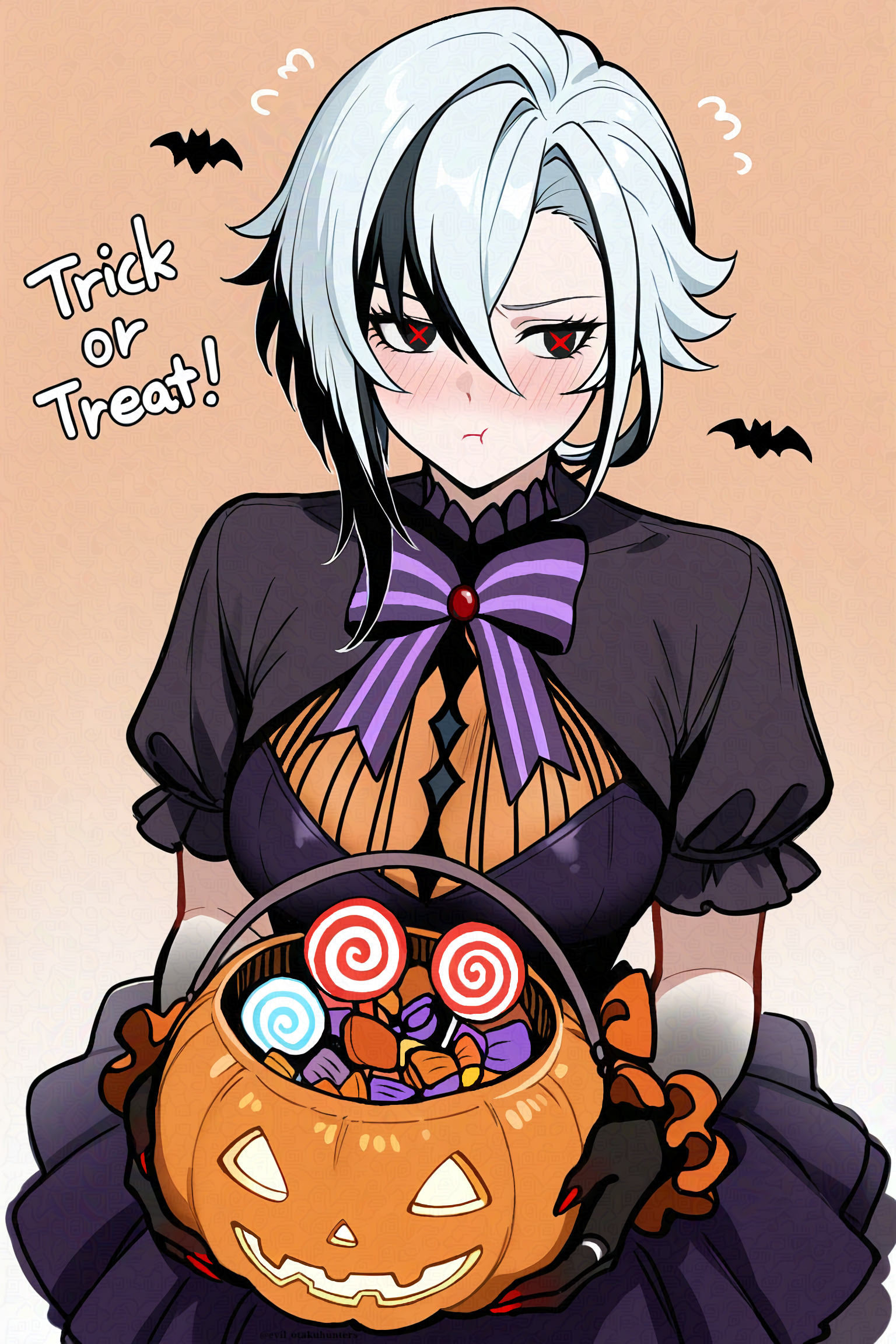 arlecchino (genshin impact), genshin impact, highres, 1girl, blush, candy, cowboy shot, english text, food, halloween, halloween bucket, halloween costume, jack-o'-lantern, multicolored hair, pout, pumpkin, red pupils, solo, streaked hair, symbol-shaped pupils, trick or treat, white hair, x-shaped pupils