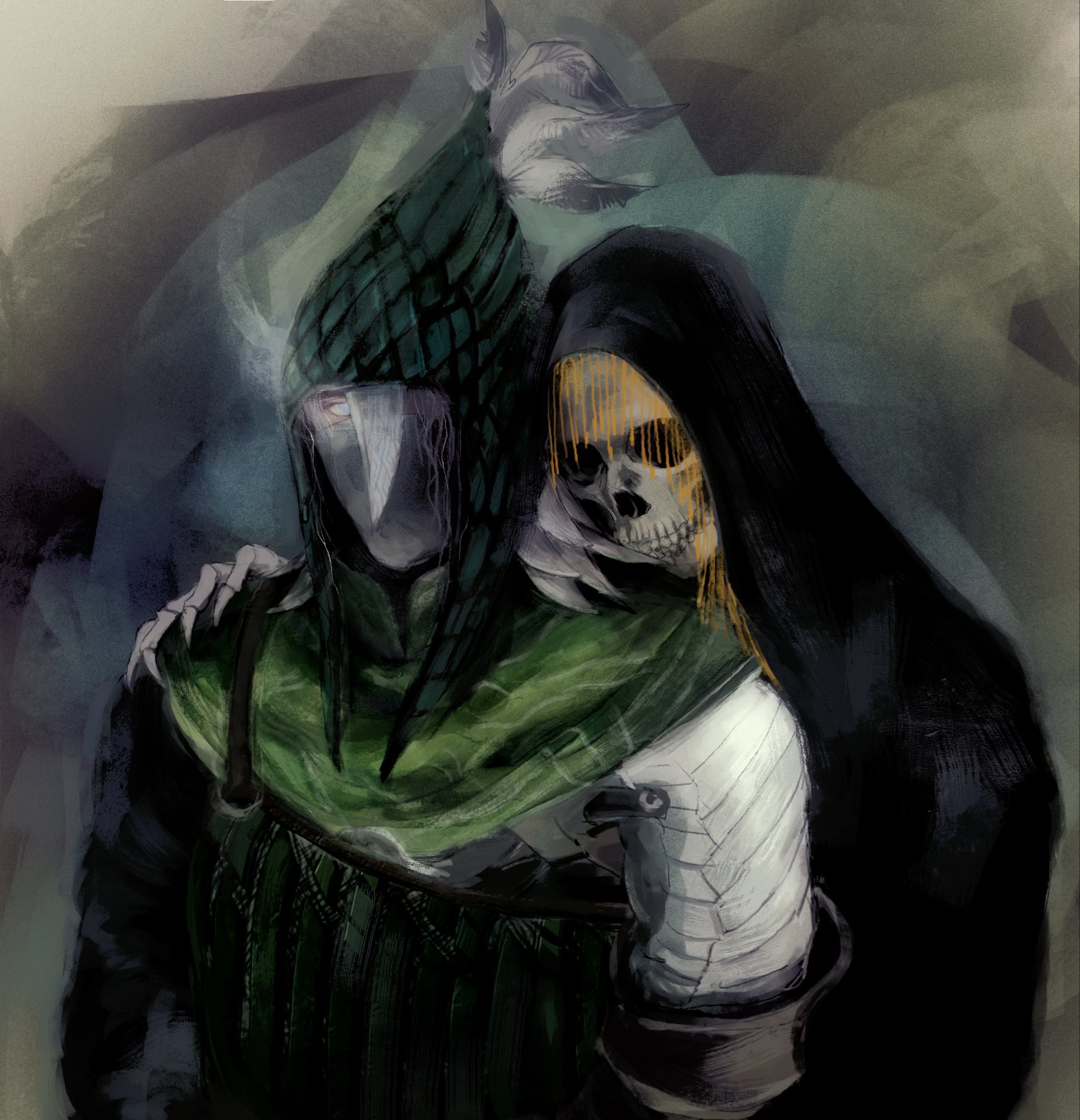hermitsghost, fia the deathbed companion, ironeye (elden ring), elden ring, elden ring nightreign, commentary, highres, 1boy, 1girl, armor, black cloak, blue eyes, cloak, green hood, hand on another's shoulder, hood, hood up, hooded cloak, scale armor, simple background, skeleton, skull, undead, upper body