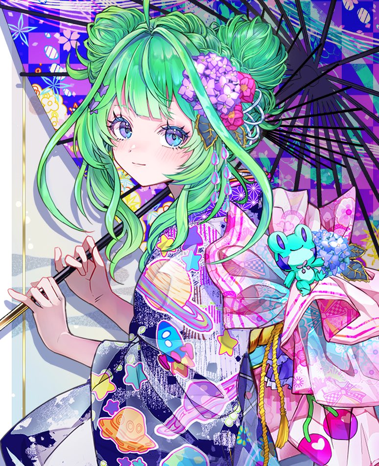 indie virtual youtuber, commentary, commission, english commentary, skeb commission, 1girl, ahoge, blue eyes, closed mouth, double bun, flower, green hair, hair bun, hair flower, hair ornament, japanese clothes, kimono, long hair, long sleeves, looking at viewer, multicolored kimono, oil-paper umbrella, plibbit (vtuber), print kimono, purple kimono, purple umbrella, solo, star (symbol), stuffed animal, stuffed frog, stuffed toy, umbrella, upper body, virtual youtuber, wide sleeves, xxcaaan