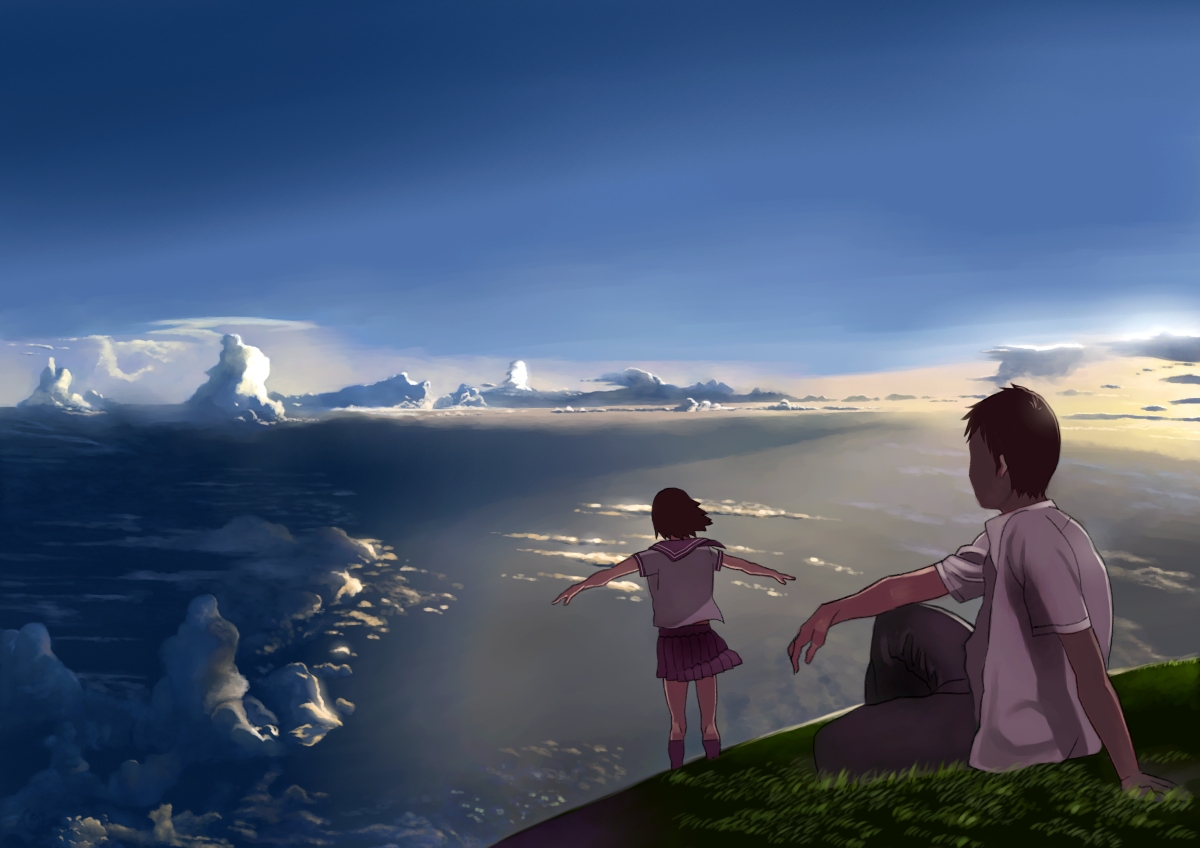 shiira, original, bad id, bad pixiv id, 1boy, 1girl, cloud, grass, horizon, scenery, school uniform, serafuku, sitting, skirt, sky