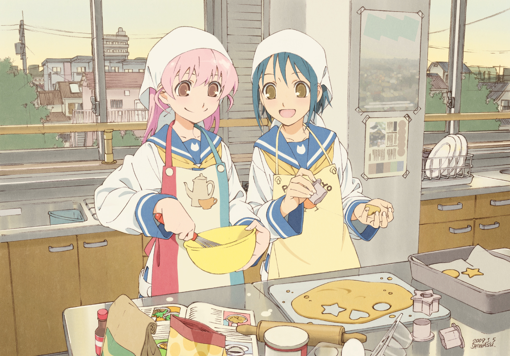 shiwasu takashi, original, graphite (medium), highres, mixed media, traditional media, 2girls, :d, apron, baking, blue hair, bowl, cooking, day, happy, headscarf, indoors, kitchen, mixer, multiple girls, open mouth, pink hair, power lines, school uniform, slice of life, smile, whisk, white headscarf, window